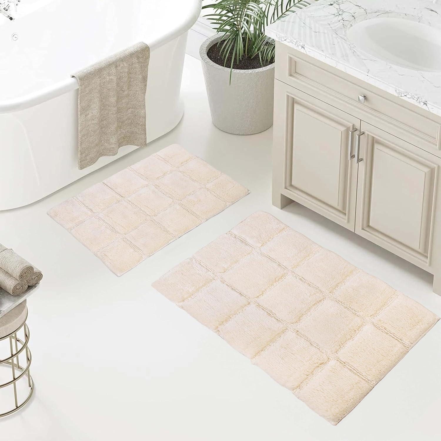 Ivory Checkered Cotton Non-Slip Bath Rug Set, 2-Piece