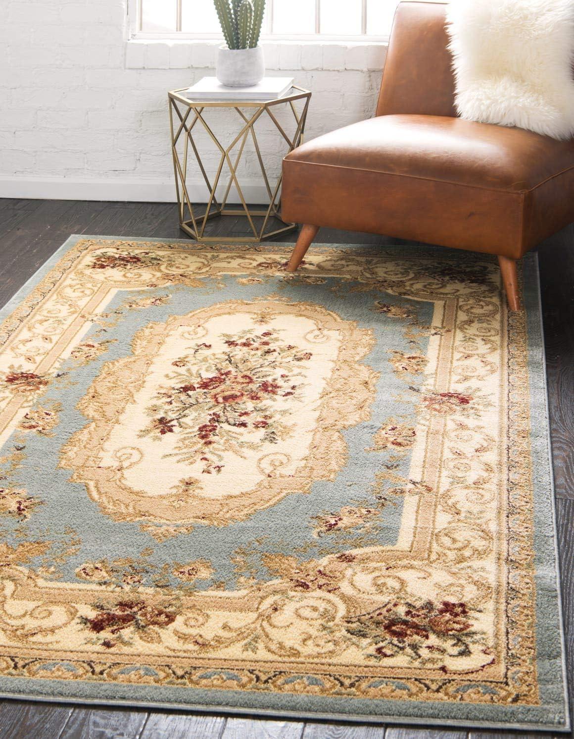 Light Blue and Beige Medallion Synthetic 4' x 6' Area Rug