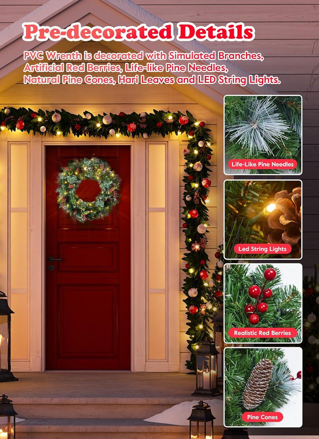 24in Prelit Christmas Wreath Battery Operated 50 Multicolored Lights with Pinecone and Red Berries, Lifelike Snow