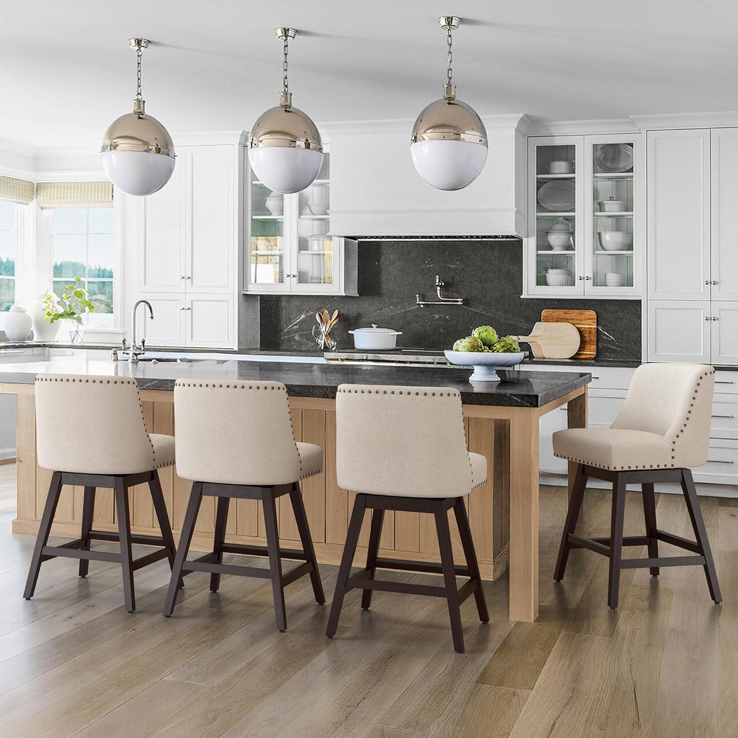 Zoi 26 in. Wood 360 Free Swivel Upholstered Bar Stool with Back, Performance Fabric in Linen. (Set of 3)