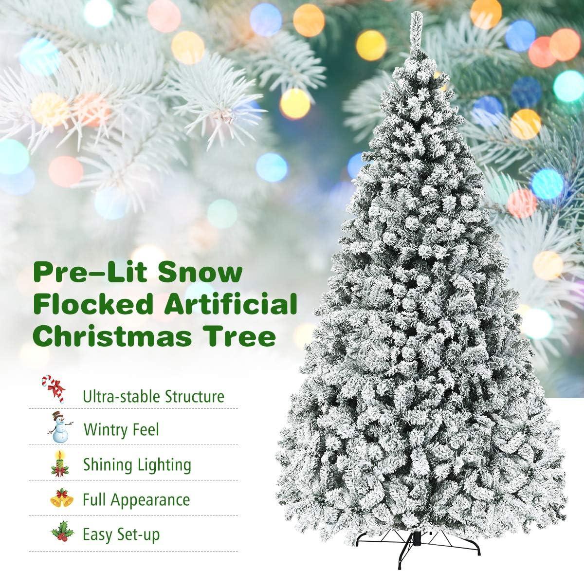 9-Foot White Flocked Pine Christmas Tree with Warm LED Lights