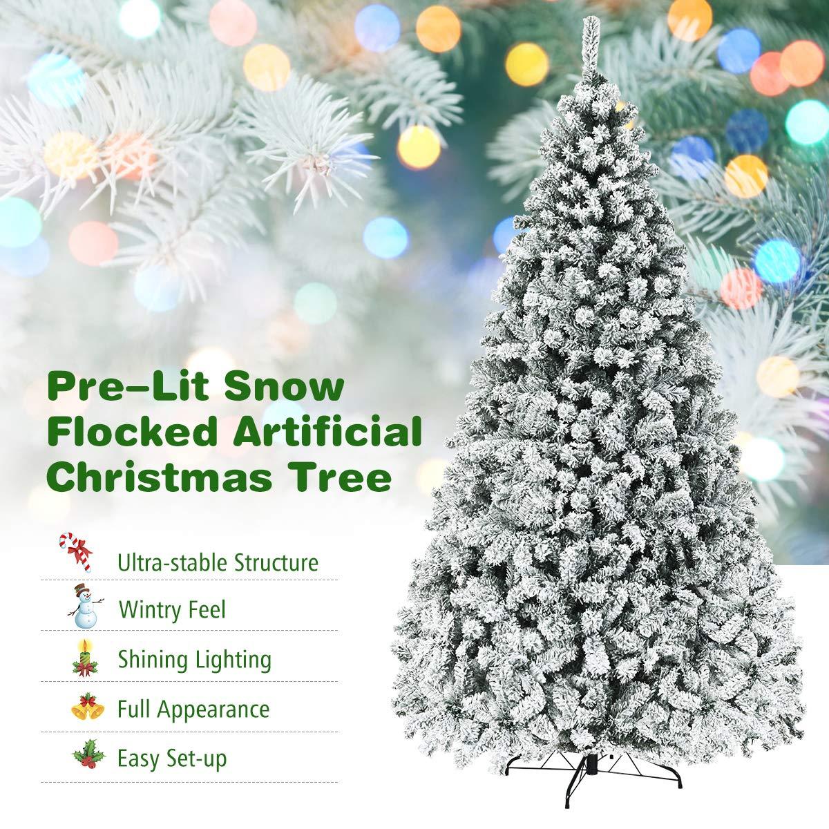 9-Foot White Flocked Pine Christmas Tree with Warm LED Lights