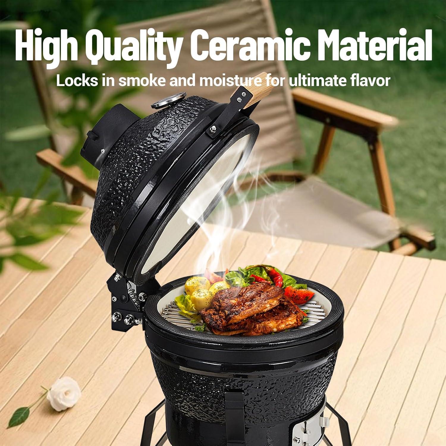 13-Inch Portable Ceramic Charcoal Grill with Grill Stand, Egg Shaped Ceramic Charcoal Grill w 10.6" Stainless Steel Cooking Grate, Heat Deflectors and Ash Tool for Outdoor Barbecue, Baking