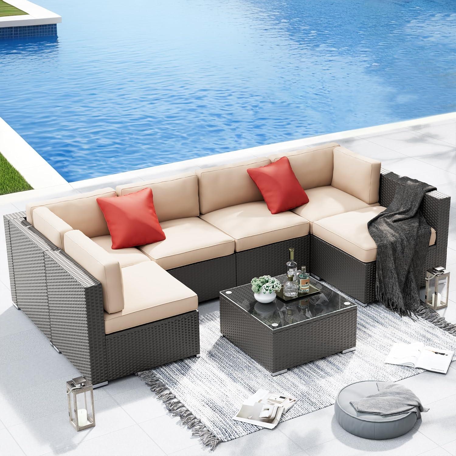 6-Person Brown Wicker Outdoor Sectional Sofa with Glass Table