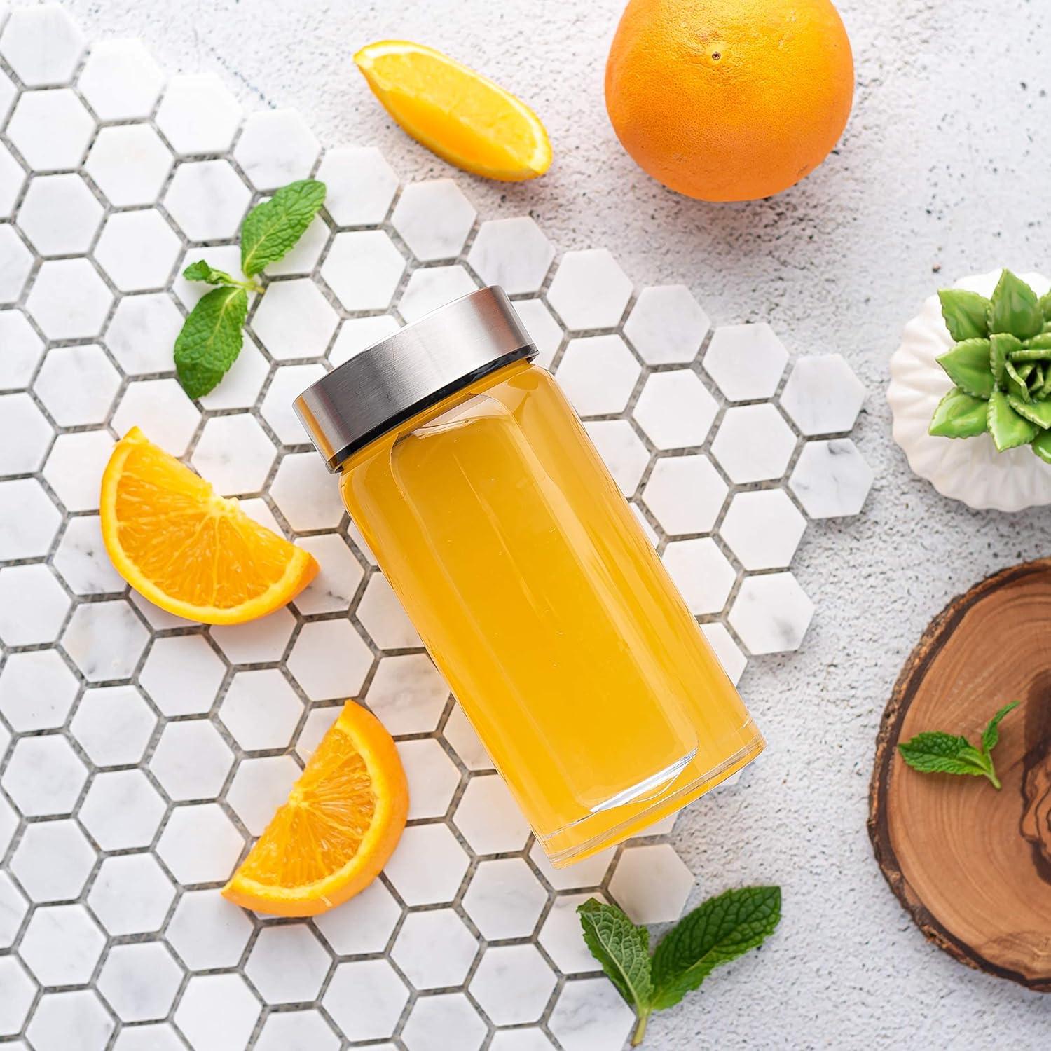 shuoli 4 Pack Wide Mouth Glass Bottles With Lids For Juicing, Smoothies, Infused Water, Beverage Storage - 10Oz, BPA Free, Stainless Steel Lids, Leakproof, Reusable, Borosilicate