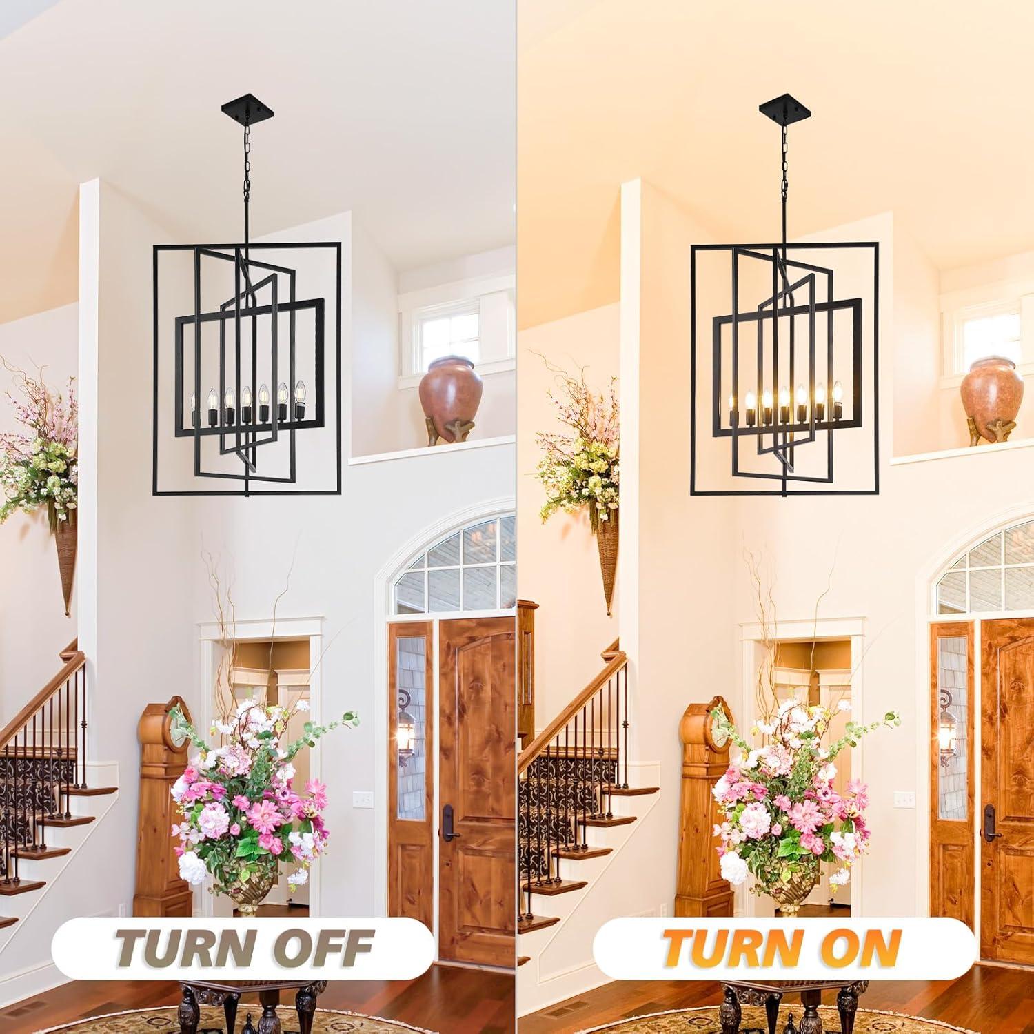 Magic Home 7-Light Lantern Pendant Light Fixtures,Farmhouse Foyer Lighting Fixtures,Rustic Dining Room Light Fixtures,Large Foyer Chandeliers,Black