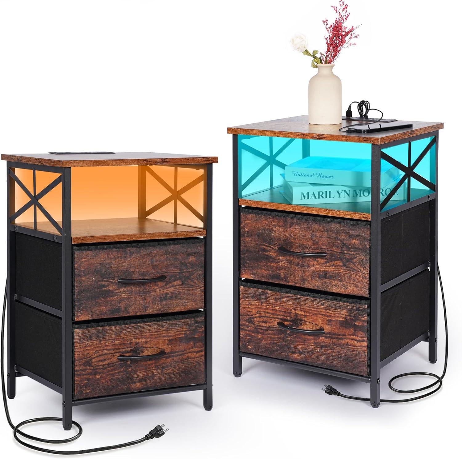 Night Stand Set 2, RGB LED End Table With Charging Station, 2 Fabric Storage Drawers Side Table With USB Ports And Outlets, Rustic Brown Beside Table Nightstands For Bedside