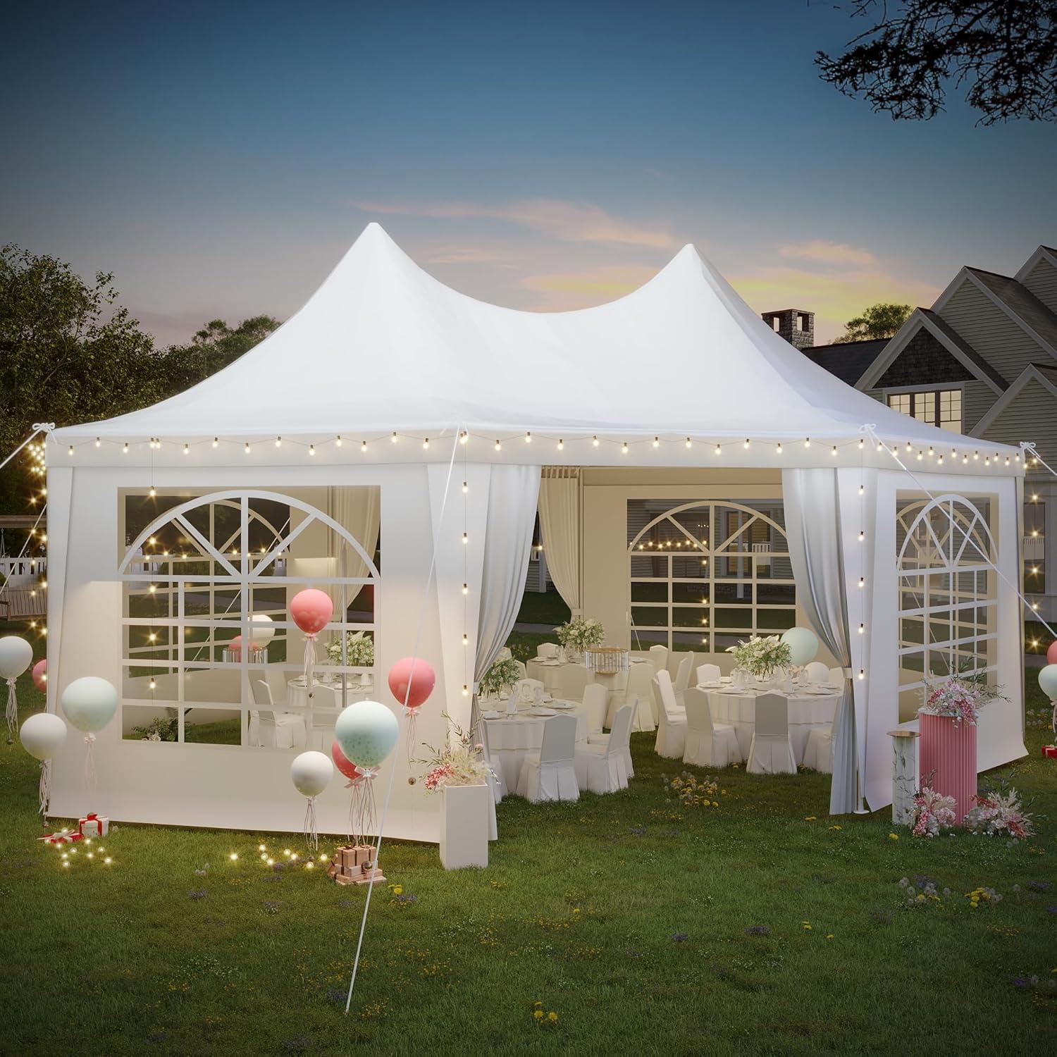 White Hexagonal Party Tent with Peaked Canopy and Removable Sidewalls