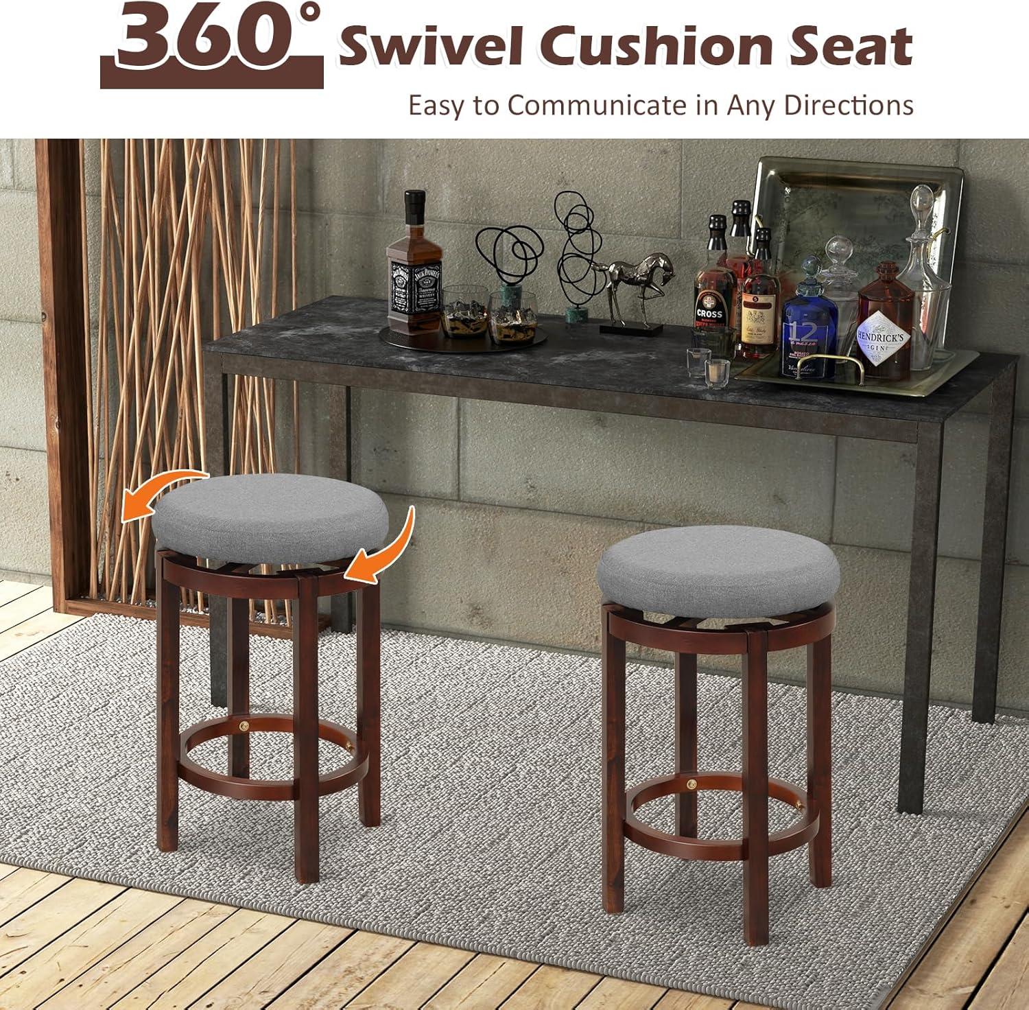 Costway Set of 2 Upholstered Swivel Round Bar Stools 26'' Wooden Pub Kitchen Chairs Gray