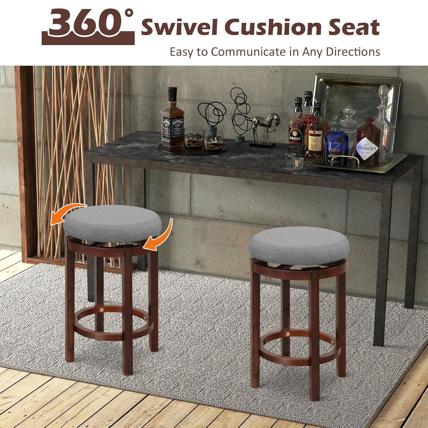 Costway Set of 2 Upholstered Swivel Round Bar Stools 26'' Wooden Pub Kitchen Chairs Gray