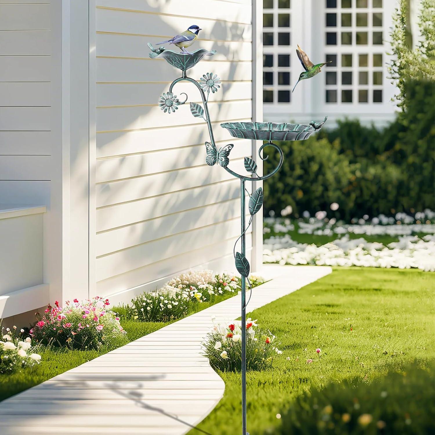 Ophelia & Co. Bird Baths And Feeder For Outdoors, 53 Inch Height Metal Birdbath Antique Garden Bird Feeder With Metal Stake For Garden Outside Yard Lawn Decorations, Green