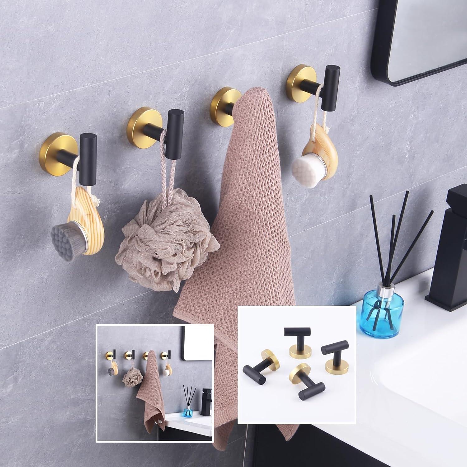 Modern Black and Gold Stainless Steel Wall Hooks, 4-Pack