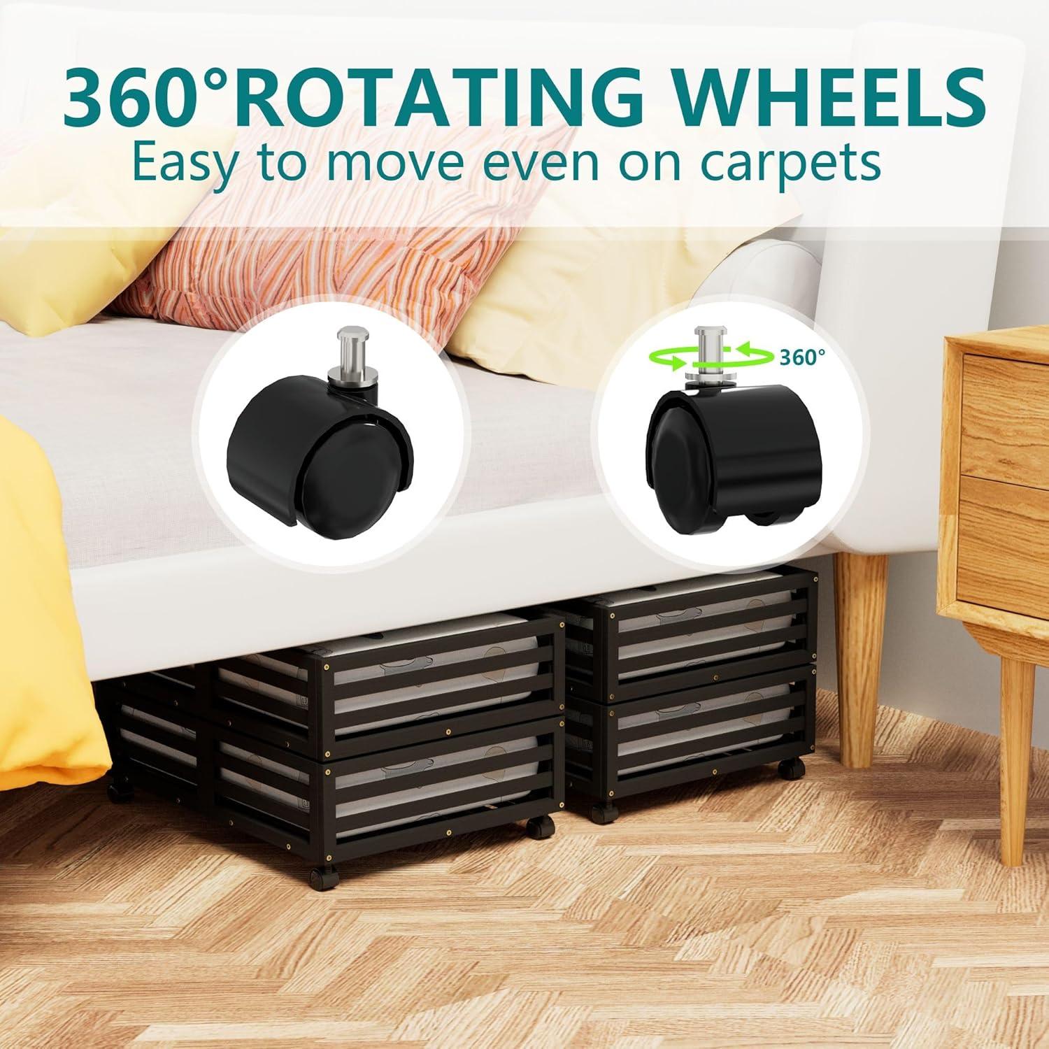 Rebrilliant Underbed Organizer With Wheels With Large Capacity Dust Bag,Sturdy Wood Rolling Under Bed Shoe Storage Organizer Drawer 2 Packs