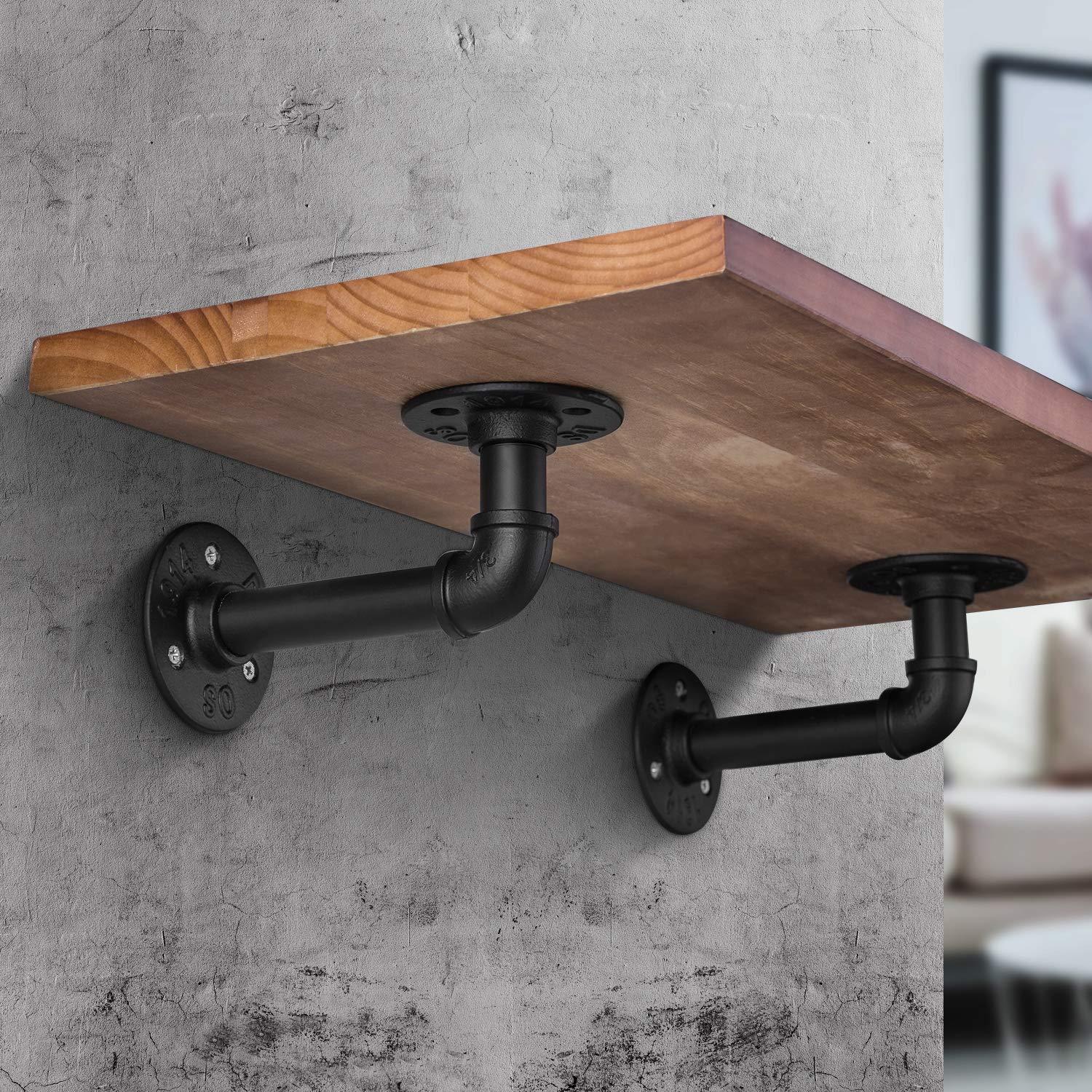 6 Pack Industrial DIY Wall Mount Pipe Shelving Brackets, Vintage Black Iron Rustic Home Shelf