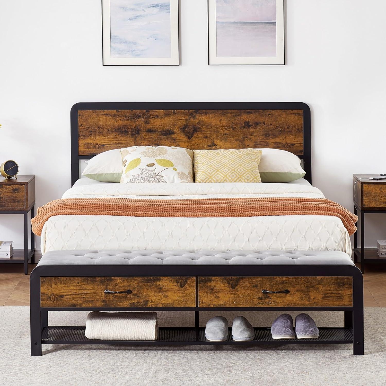 Alkmaar Full Size Platform Bed Frame with 2 Storage Drawers and Headboard, Bed Frame with Safe Rounded Corners & Strong Metal Slats Support, Mattress Foundation with Storage No Box Spring Needed
