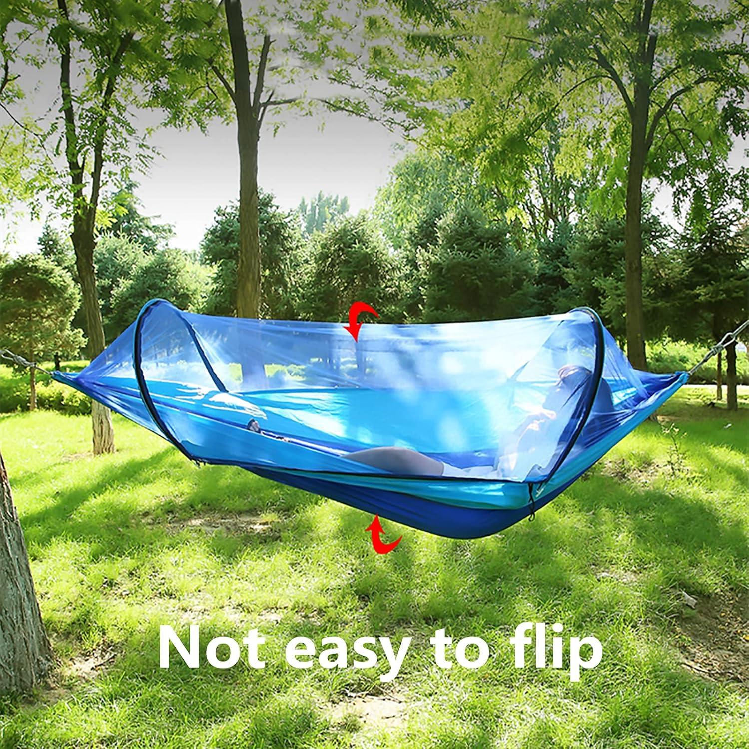 LFL Camping Hammock with Mosquito Net, Hammocks with 13ft Tree Straps Carabiners, Automatic Quick Open Outdoor Portable Hammock, Nylon Parachute Material Outside Hammock with net, Blue