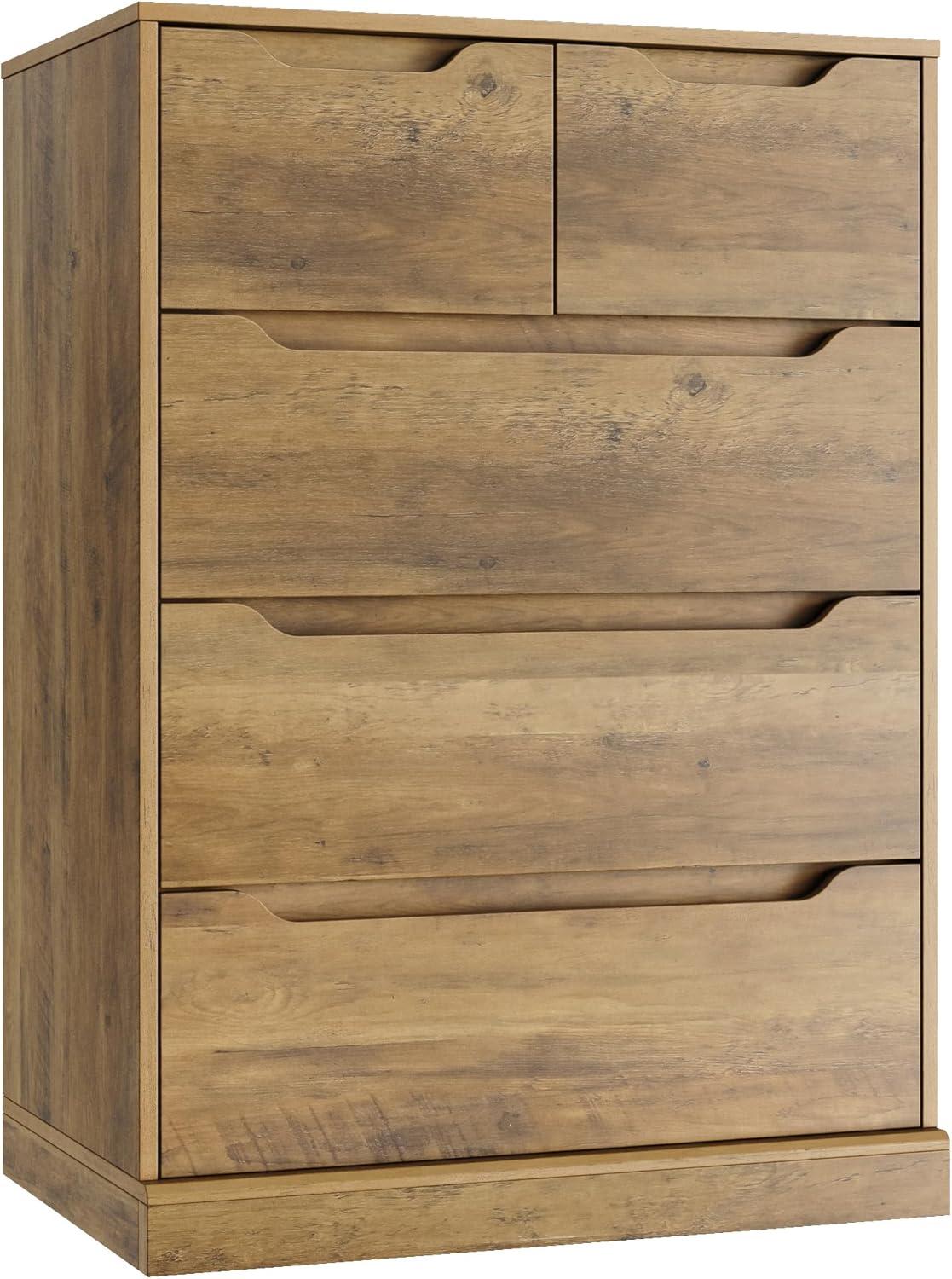 Homfa Dresser for Bedroom, Wood Storage Chest of 5 Drawers with Cutout Handles for Living Room, Rustic Brown