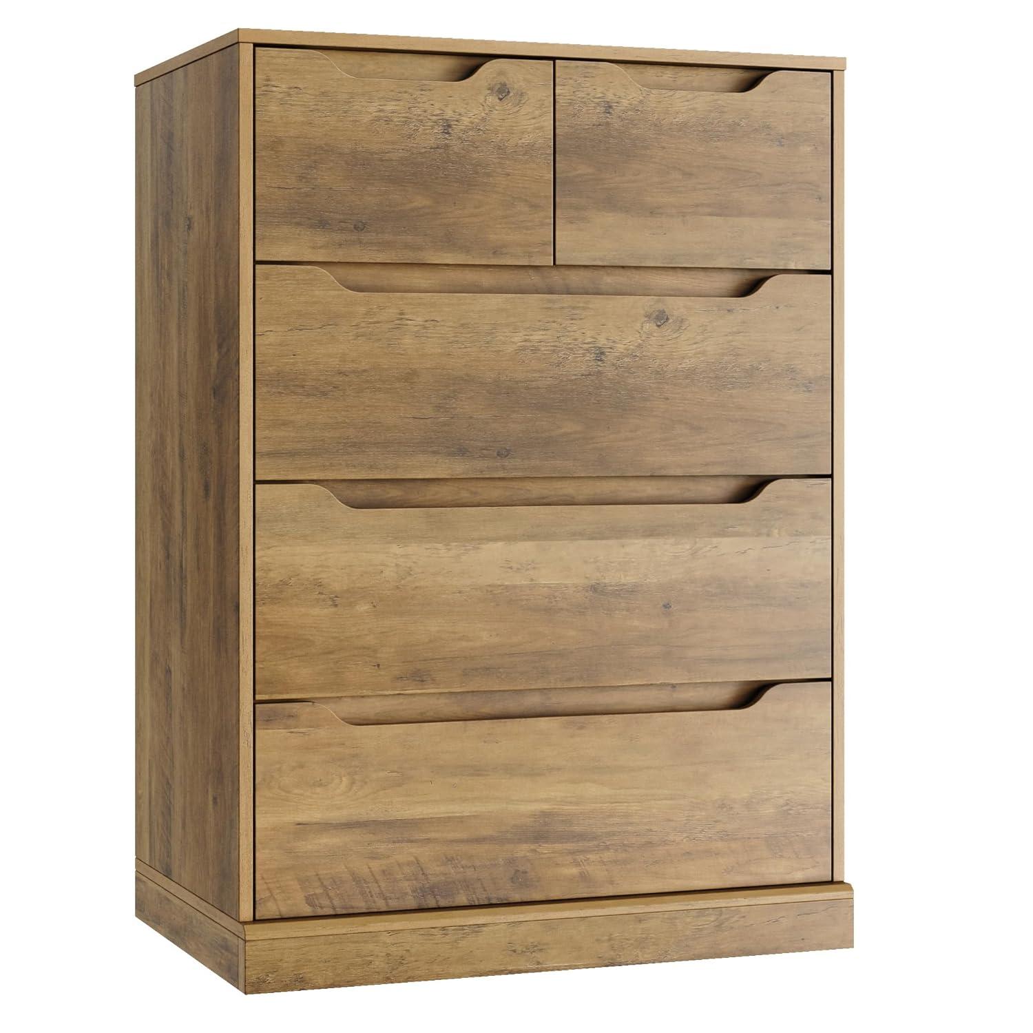 Homfa Dresser for Bedroom, Wood Storage Chest of 5 Drawers with Cutout Handles for Living Room, Rustic Brown