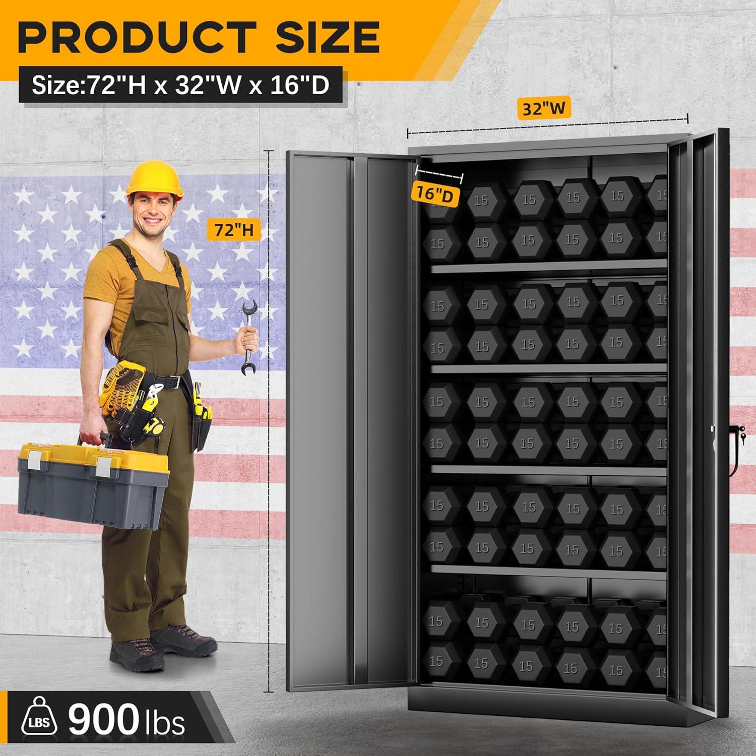 Greenvelly Metal Storage Cabinet with Lock, 72" H Black Metal Garage Storage Cabinet with Doors and 4 Shelves, Lockable Steel Tool Cabinets for Garage, Home, Office, Shop, School(36" W x 18" D)