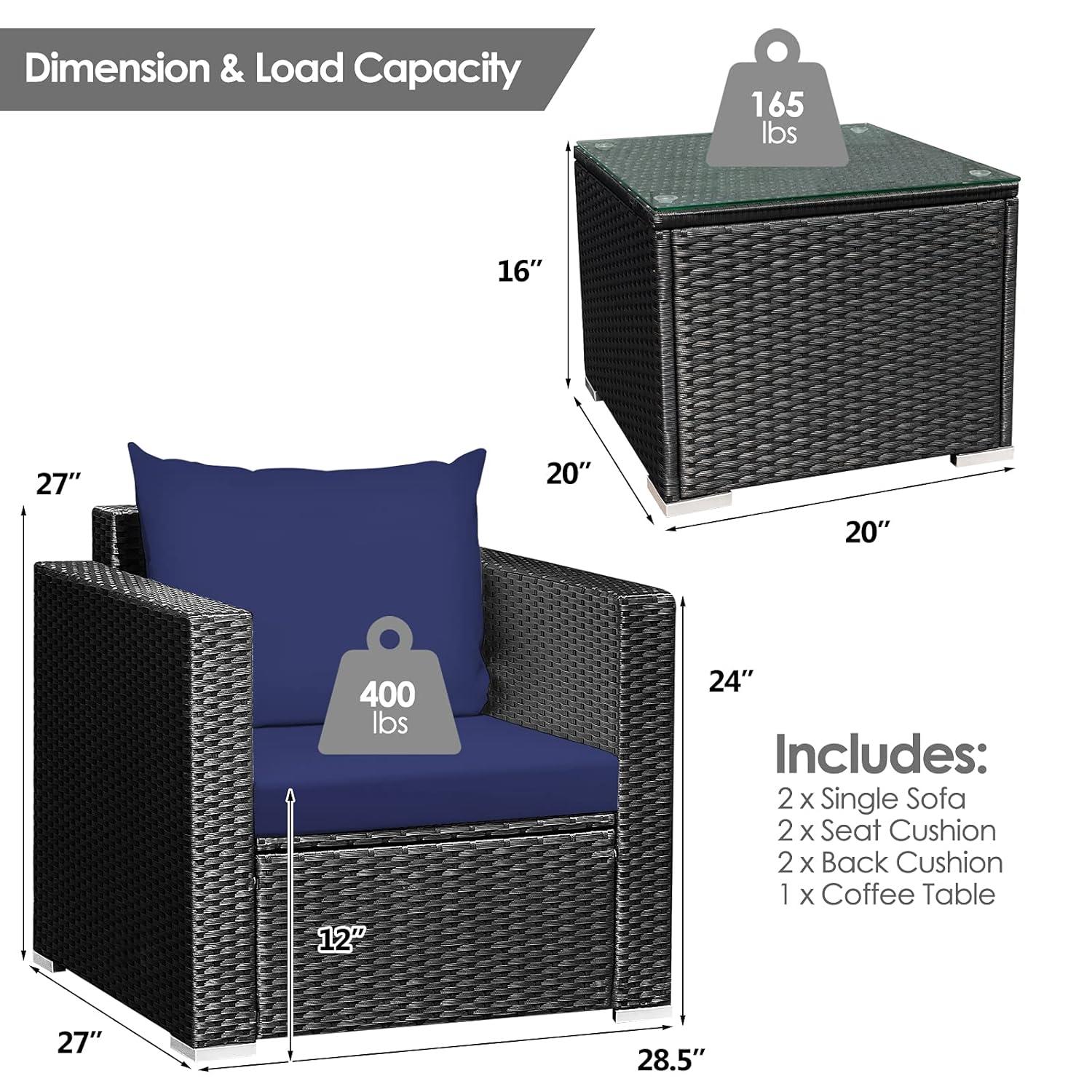 DORTALA 3 Pieces Patio Furniture Set, Outdoor Rattan Sofa Set with Cushions, Tempered Glass Tabletop, Wicker Conversation Furniture Set for Backyard, Garden, Poolside, Balcony, Navy