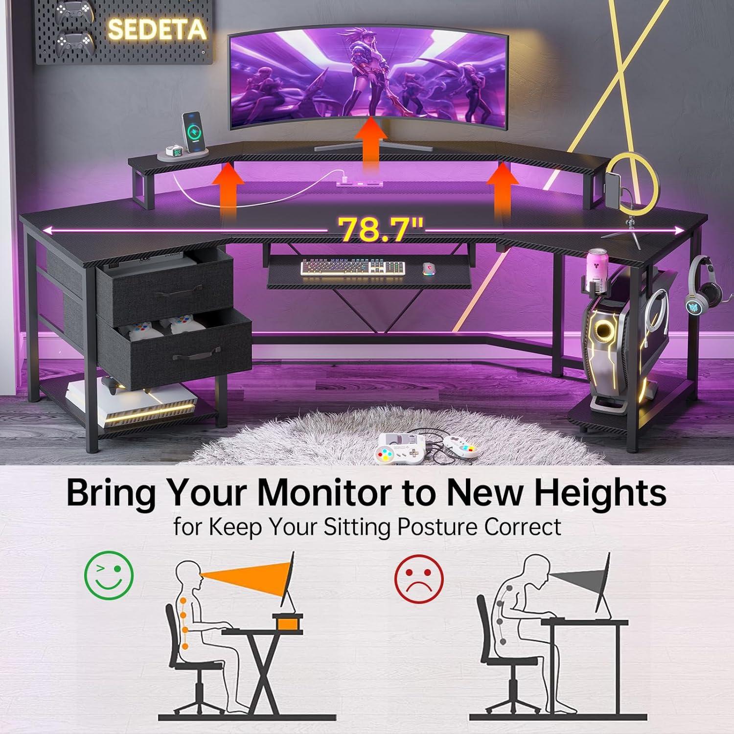 ADORNEVE Adult Collection Combat 2 Fabric Drawers and RGB LED Light Black Gaming Desk, Black