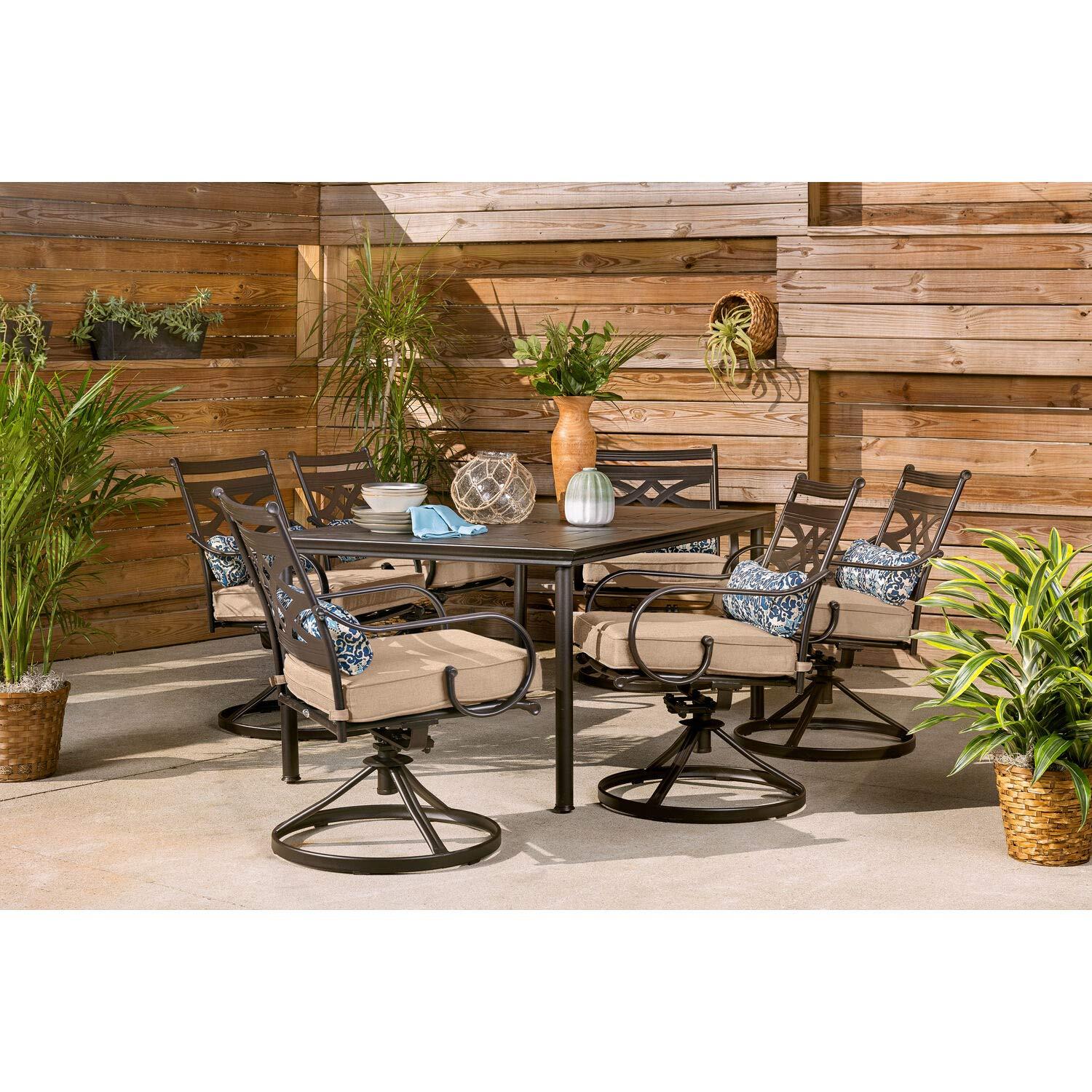 Hanover Montclair 7-Piece Steel Dining Set with 6 Swivel Rockers and Dining Table, Seats 6