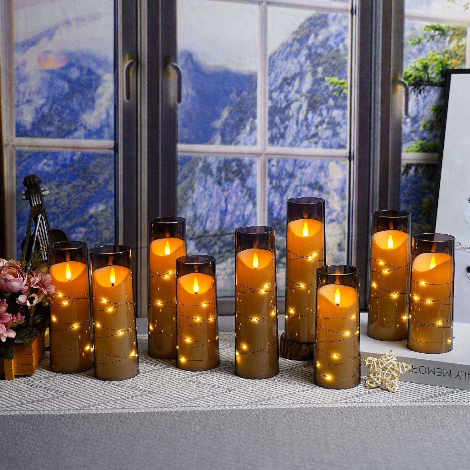 Gray Flameless LED Decorative Pillar Candles with Remote, Set of 9