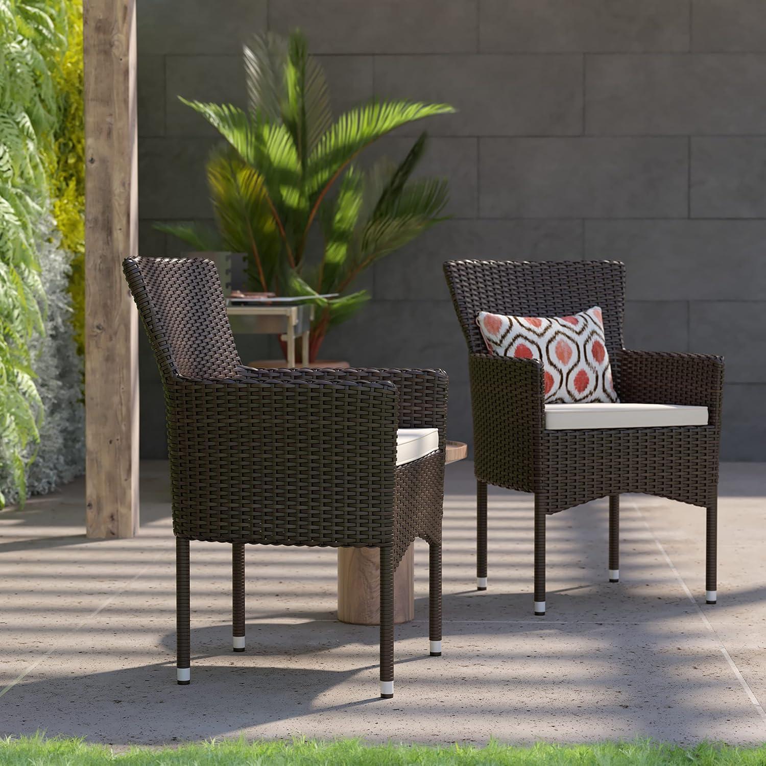 Flash Furniture Maxim Modern Espresso Wicker Patio Armchairs for Deck or Backyard, Fade and Weather-Resistant Frames and Cream Cushions-Set of 2