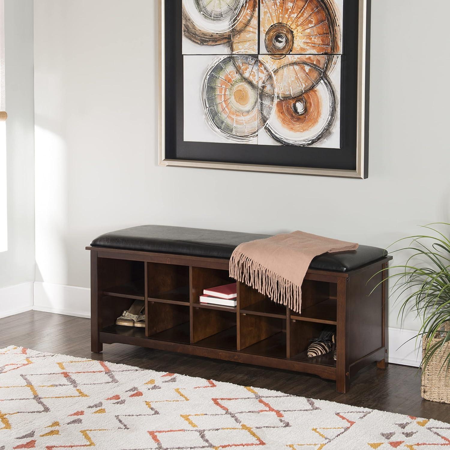 45" Cape Anne Dark Brown Faux Leather Upholstered Storage Bench Dark Walnut - Linon: Entryway Seating, Shoe Cubbies