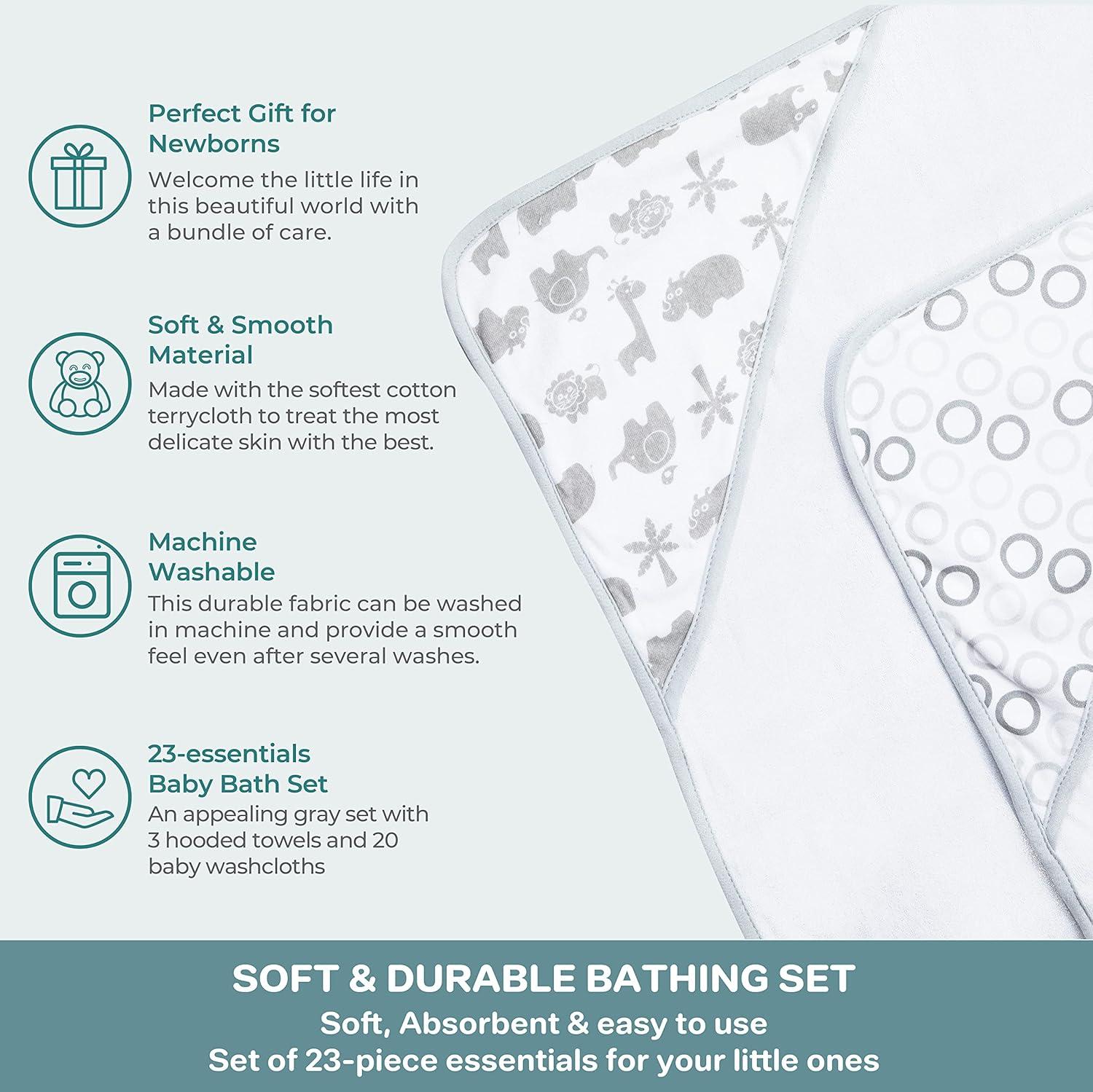 Spasilk Bath Hooded Towels & Washcloths Set for Babies, 23-Piece Gift Set, Gray Lion