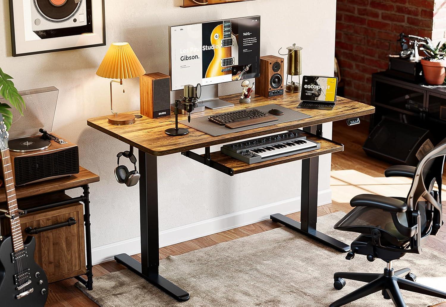 BANTI 55" x 24" Height Adjustable Electric Standing Desk with Keyboard Tray, Sit Stand up Desk with Splice Board, Black Frame/Rustic Brown Top