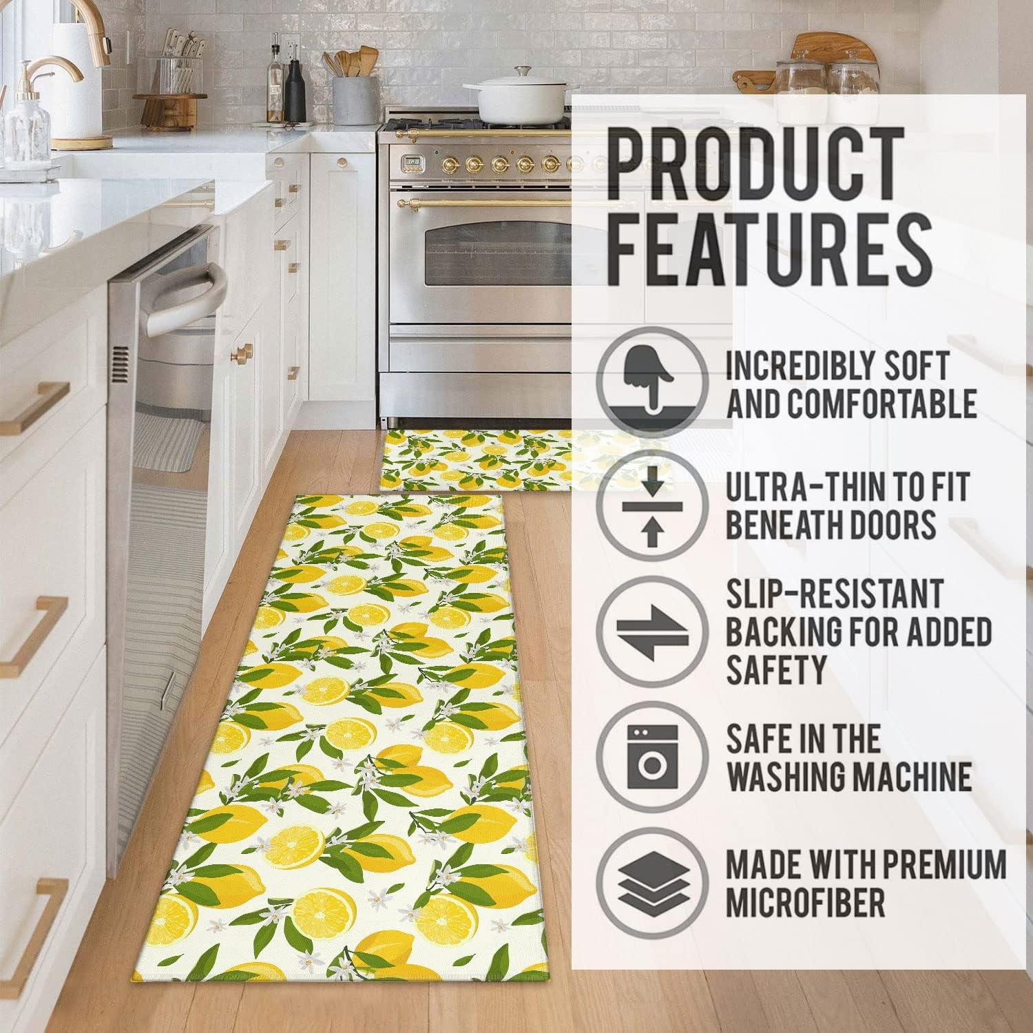 Lemon Kitchen Mats Cushioned Anti Fatigue 2 Piece Set, Memory Kitchen Mat Set Of 2, Farmhouse Kitchen Runner Rug and Waterproof Kitchen Mat for Home Kitchen Decor or Office 17"x30"+17"x47"