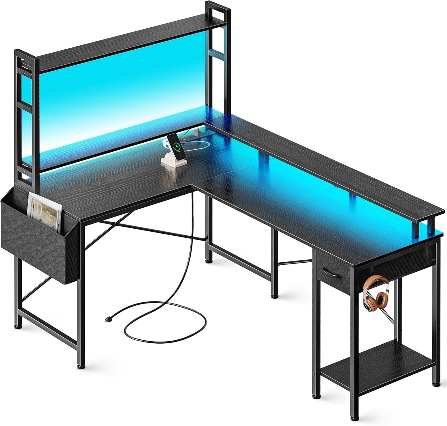 Black L-Shaped Gaming Desk with LED Lights and Storage