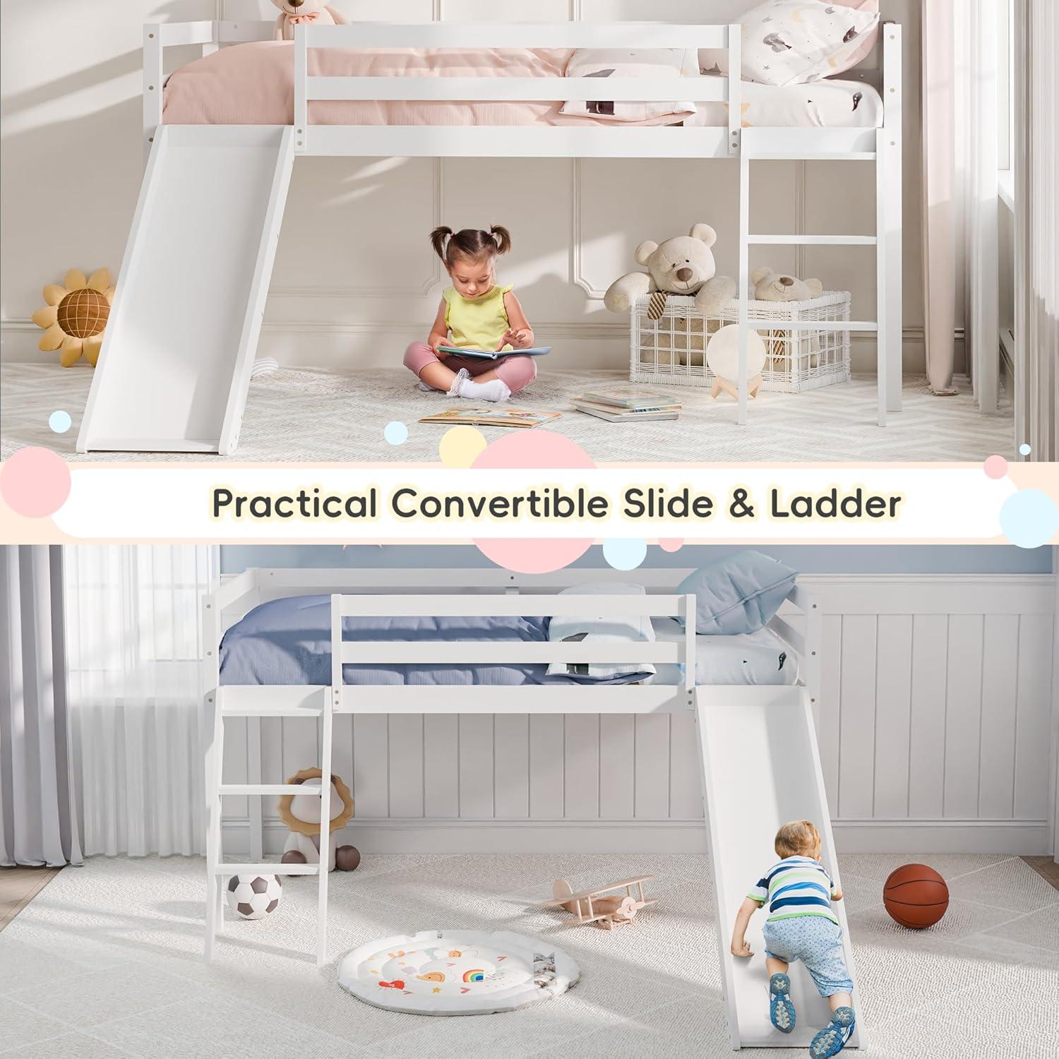 Harper & Bright Designs Kids Loft Bed with Slide,Twin Size Low Loft Beds for Girls Boys Solid Pine Wood Toddler Loft Bed with Ladder and Guard Rails,White