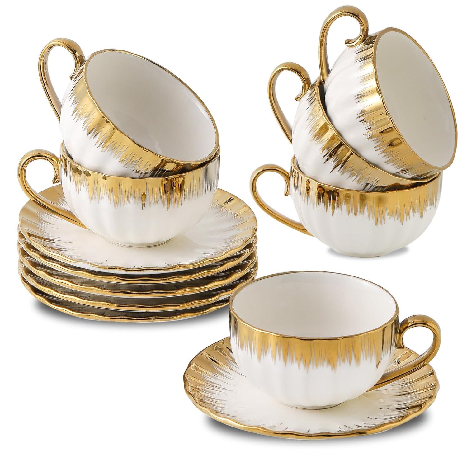 FAST APPLIANCES LLC Cappuccino Cups With Saucers, 7 Oz Porcelain Double Espresso Cups Set, Ceramic Turkish Coffee Cups With Trim, Tea Cups Set Of 6, Cafe Cups For Latte, Mocha, Au Lait