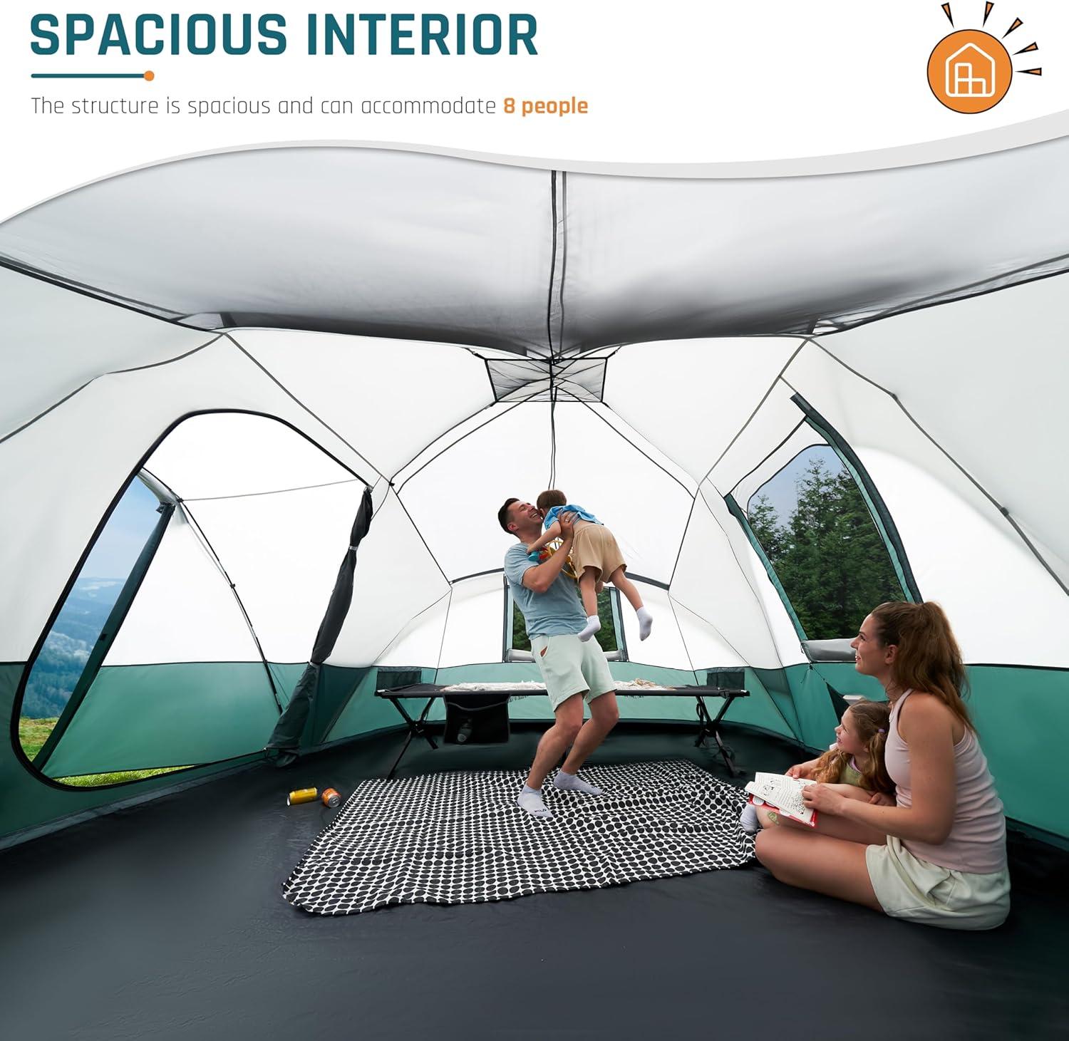 8-Person Green and White Polyester Dome Camping Tent with Vestibule