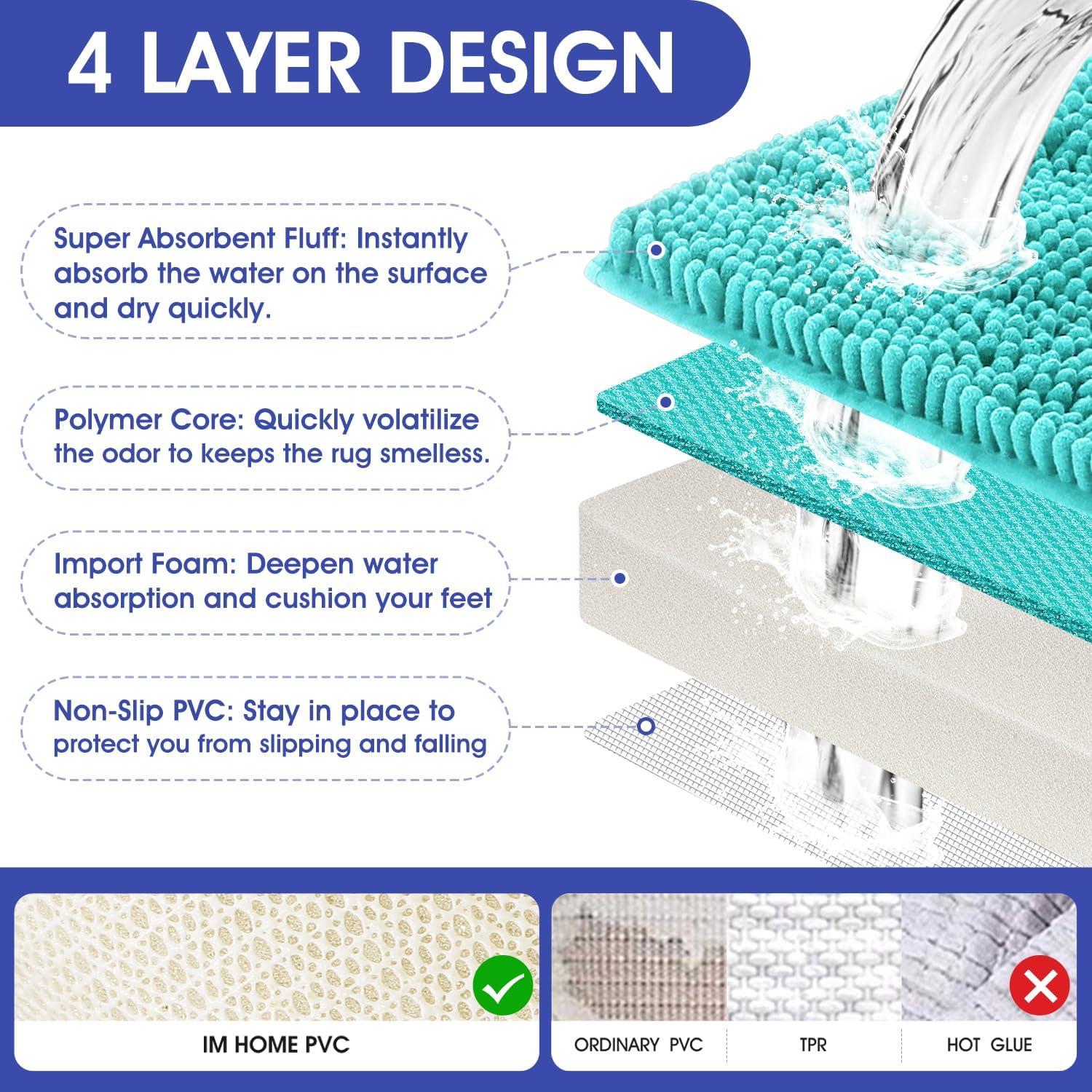 ACCUMTEK Striped Atlantic Blue Bathroom Rug Set 3 Pieces Ultra Soft, Non Slip Chenille Toilet Mat, Absorbent Plush Shaggy Bath Mats for Bathroom, Bedroom, Kitchen