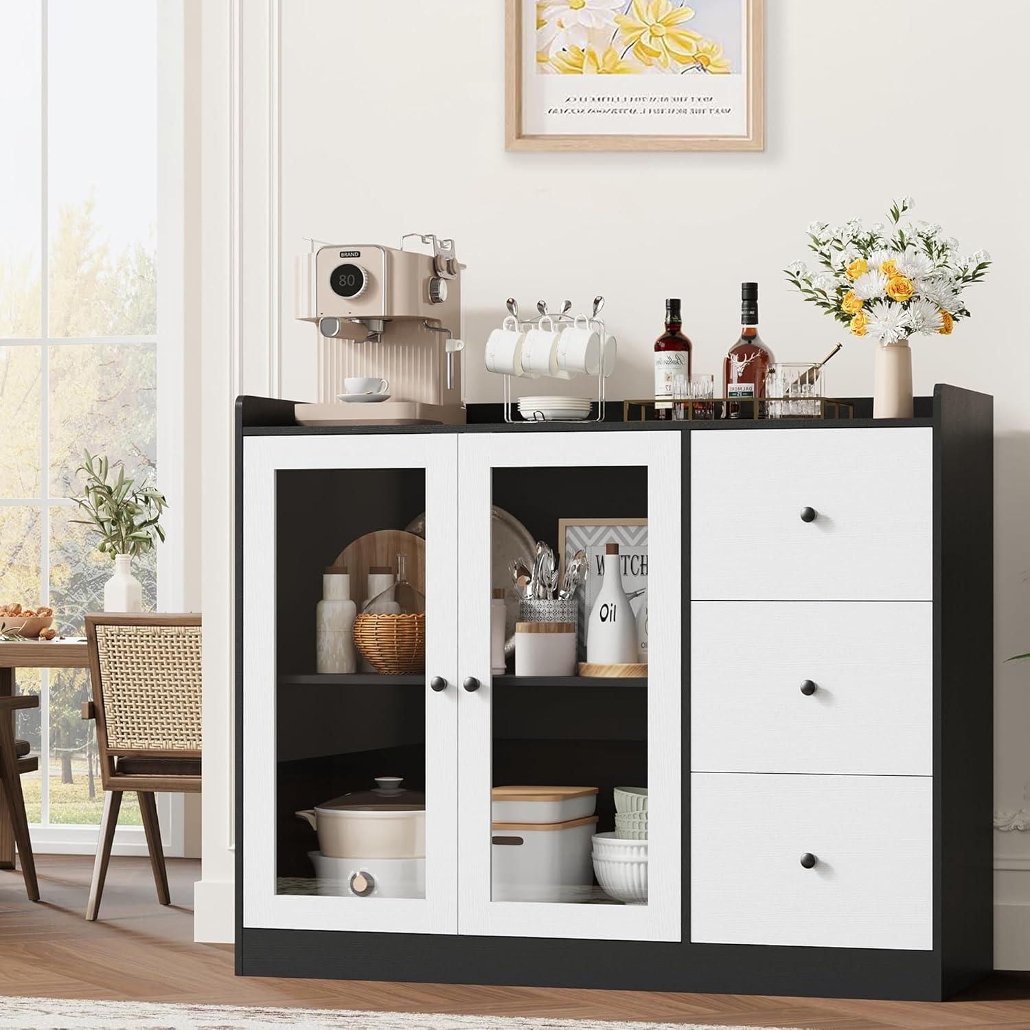 ZACOO Sideboard Buffet Cabinet With Storage, 43" Coffee Bar Cabinet With Glass Doors And 3 Drawers, Storage Cabinet With Adjustable Shelves