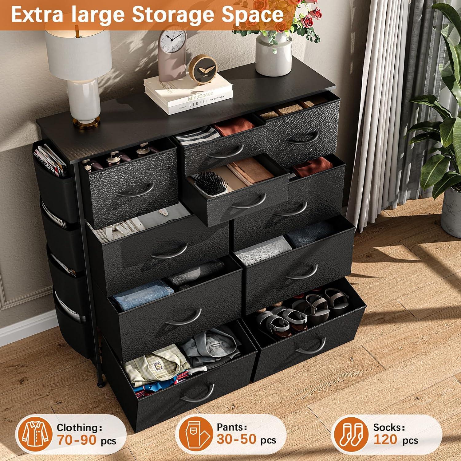 Sienna-Marie 10 - Drawer Dresser, Chest of Drawers for Bedroom with 4 Side Pockets and 2 Hooks