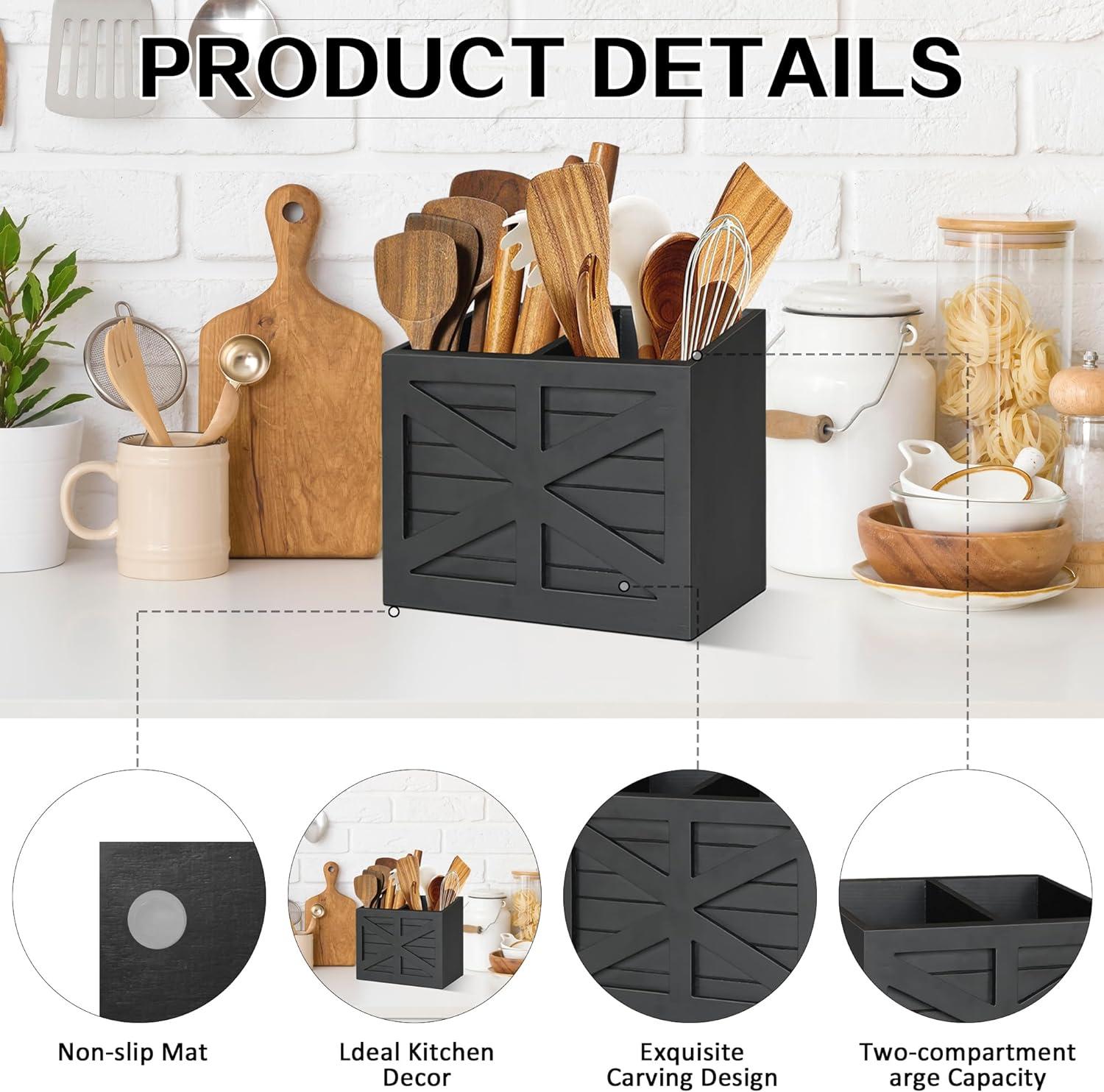 Wood Utensil Holder, Large Kitchen Utensil Holder For Countertop, Cooking Utensil Organizer For Flatware, Black Utensil Caddy With 2 Compartments