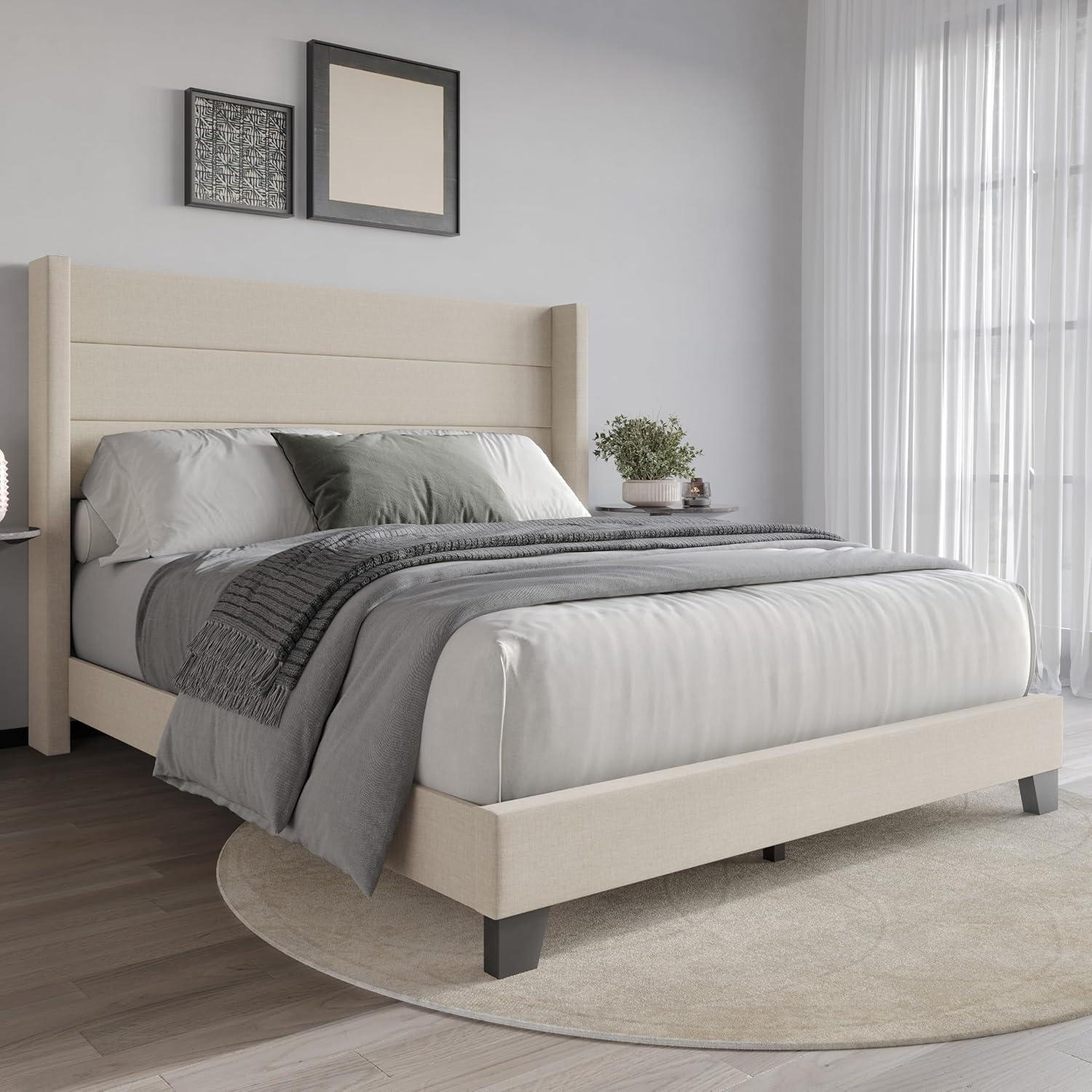 Flash Furniture Hollis Queen Upholstered Platform Bed with Wingback Headboard, No Box Spring Needed, Beige Faux Linen