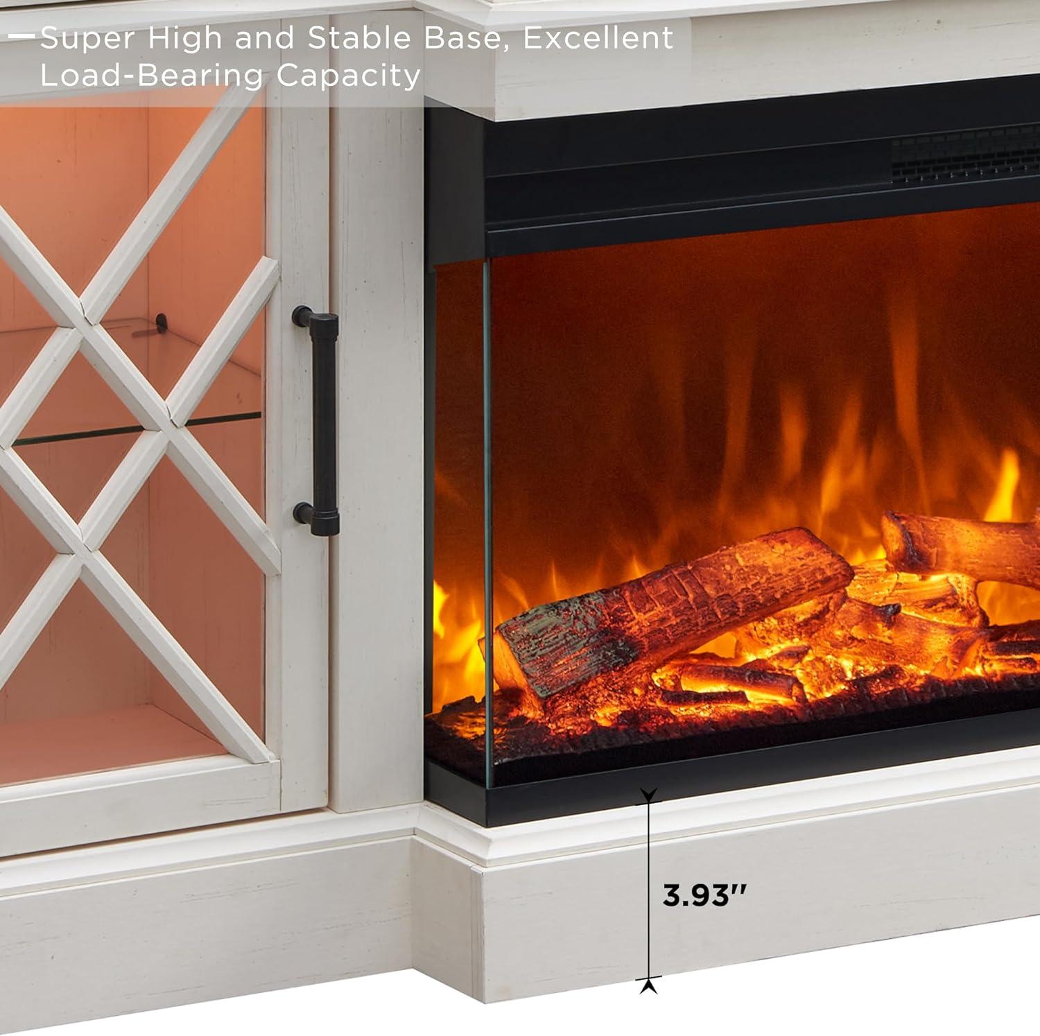 OKD 70" Farmhouse TV Stand w/Electric Fireplace & Glass Door Storage Cabinet, Antique White