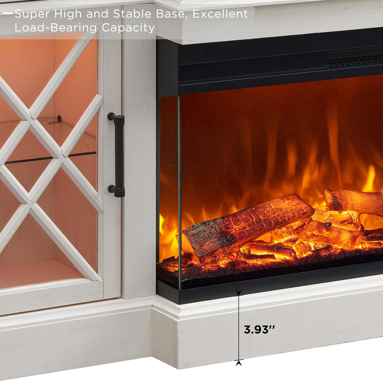 OKD 70" Farmhouse TV Stand w/Electric Fireplace & Glass Door Storage Cabinet, Antique White