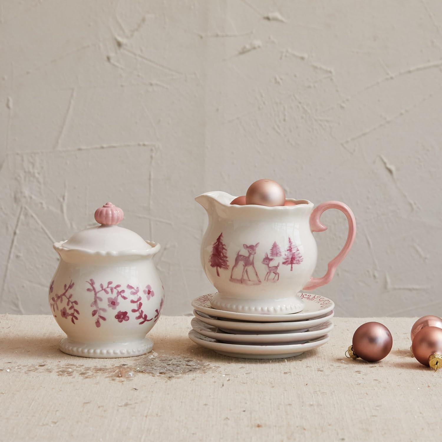 Pink and Cream Stoneware Holiday Creamer and Sugar Pot Set