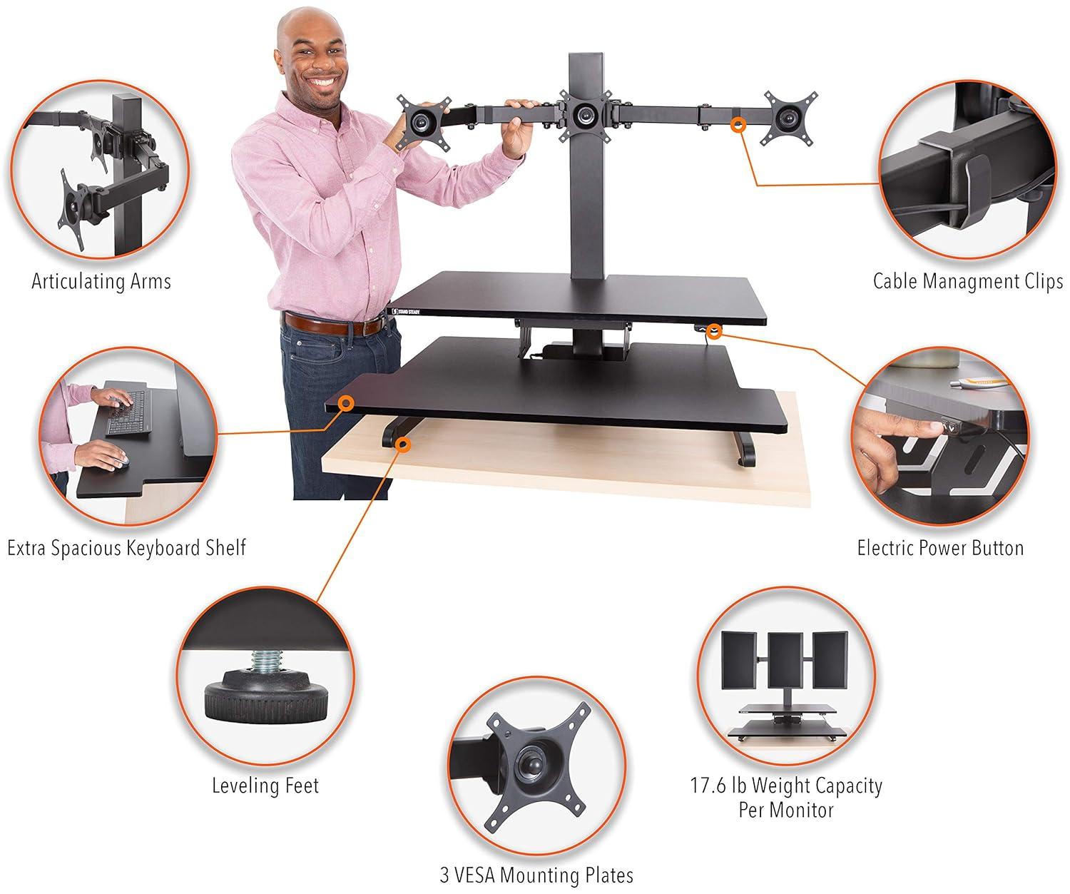 Techtonic Electric 3 Arm Monitor Mount Standing Desk - Sit to Stand Desk Converter with Keyboard Tray – Black – Stand Steady