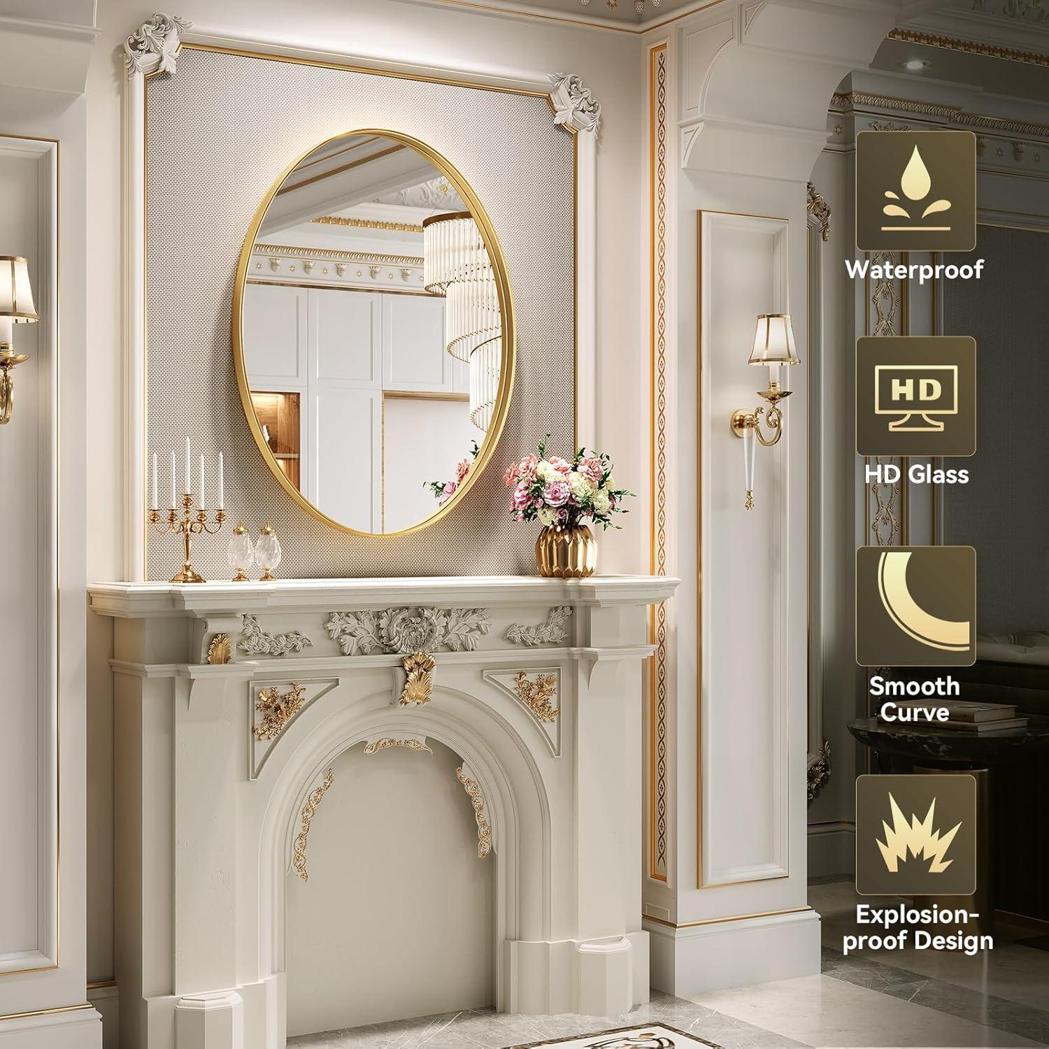 Brightify Gold Oval Mirror for Bathroom 24x36 Inch, Oval Vanity Mirror Gold Metal Frame, Modern Wall Mirror for Bedroom Living Room Farmhouse Fireplace Entryway, Hangs Horizontal or Vertical