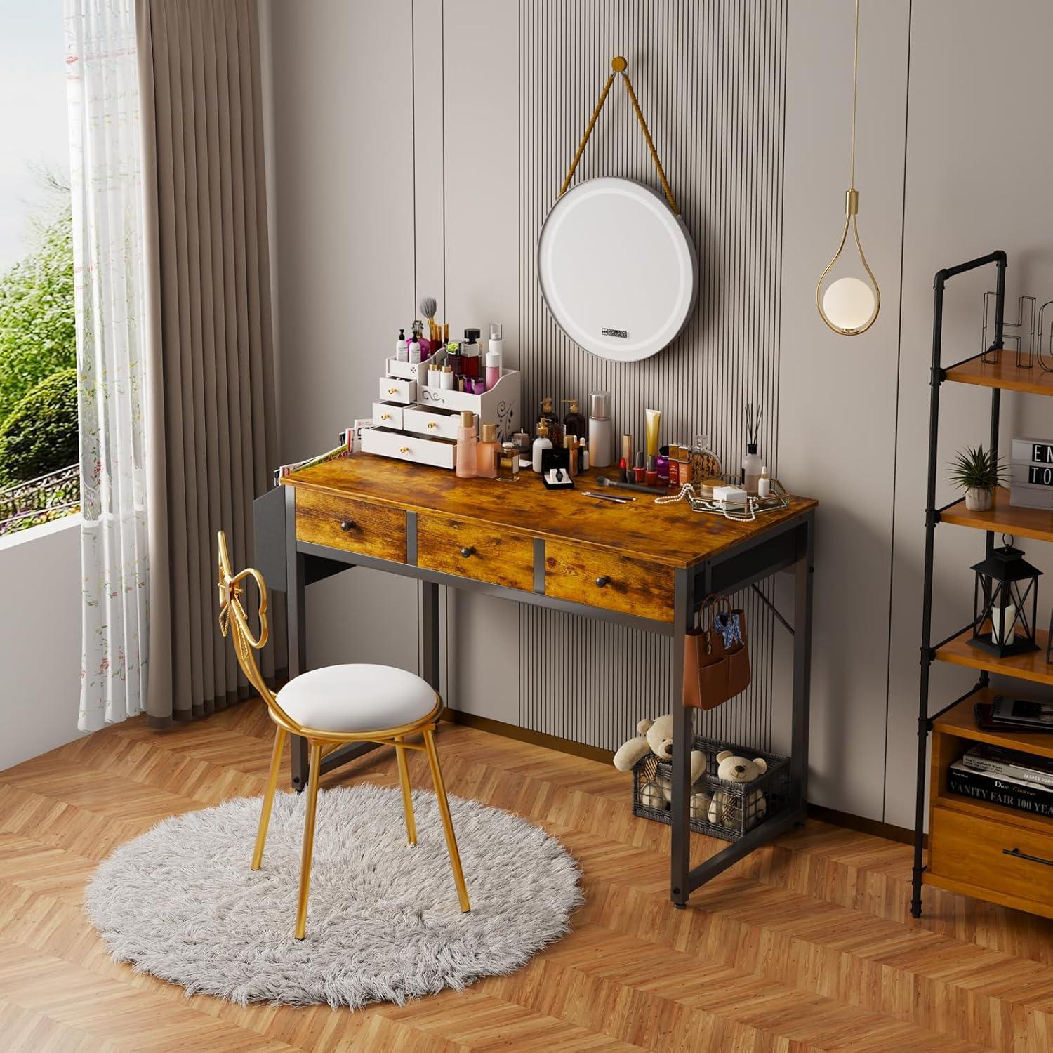 Lufeiya 40 Inch Desk with Drawers for Bedroom - 39 Inch Home Office Desks with 3 Fabric Storage Drawer and Pocket, Study Writing Table Rustic Computer Desk, Vintage Brown