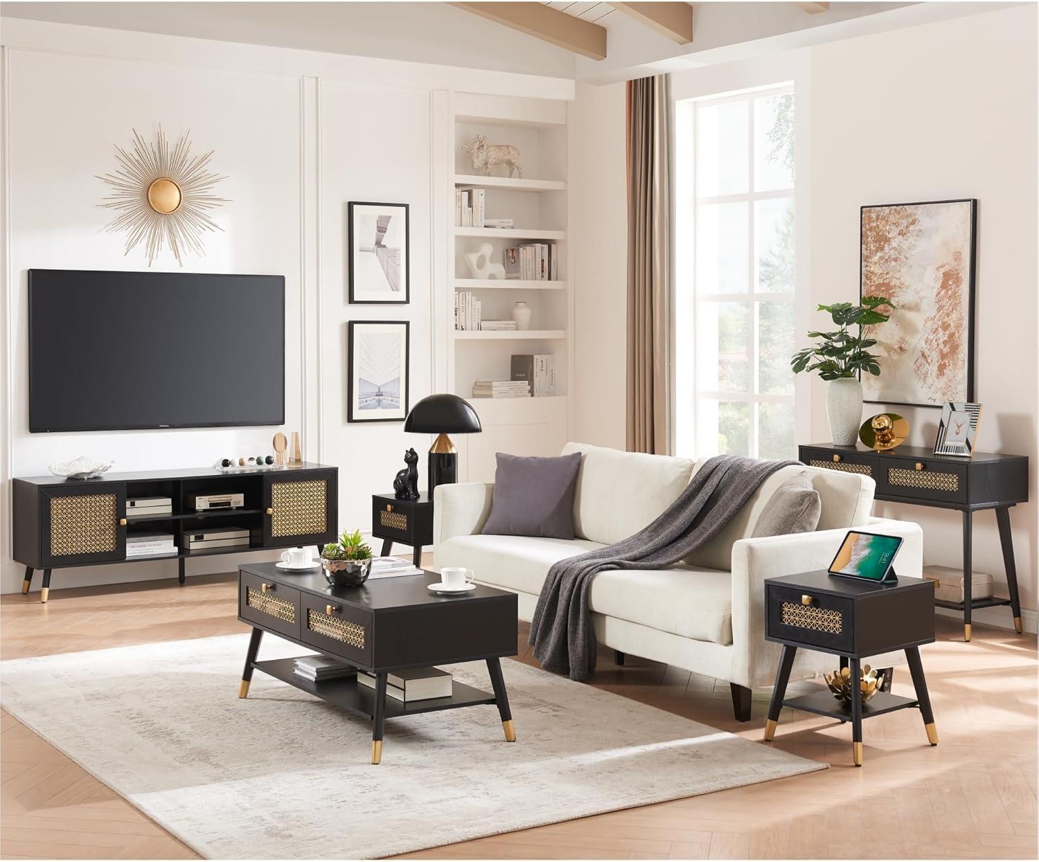 JYED Mid Century Modern Console Table with Gold Accent - 66" Entryway Table with Drawers, Faceted Taper Legs & Ventilated Storage for Hallway (Black)