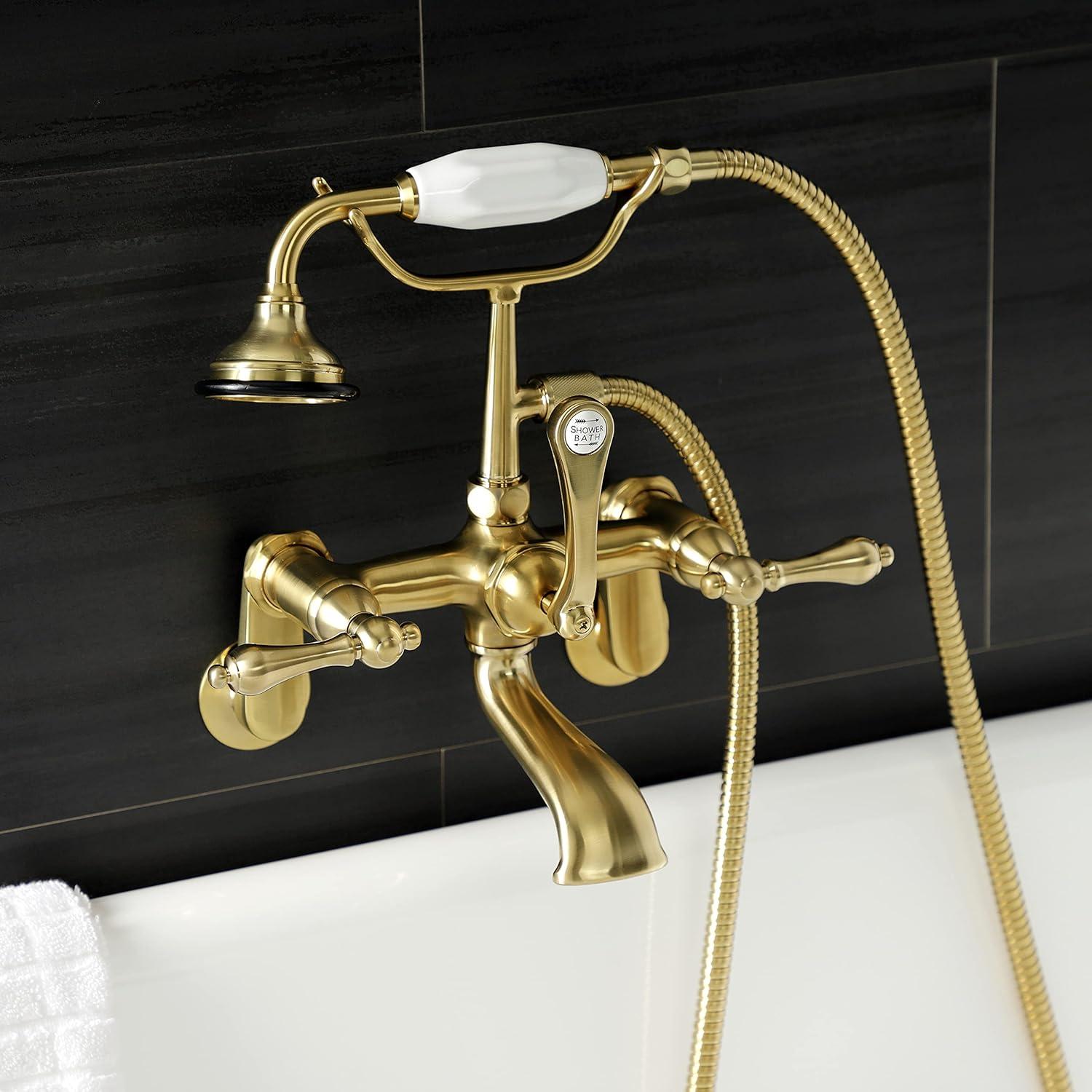 Kingston Brass Aqua Vintage Three-Handle 2-Hole Tub Wall Mount Clawfoot Tub Faucet with Hand Shower