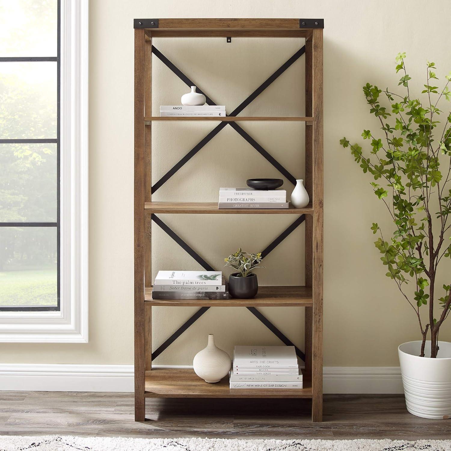 Walker Edison Rustic Industrial 4-Shelf Bookshelf, Reclaimed Barnwood